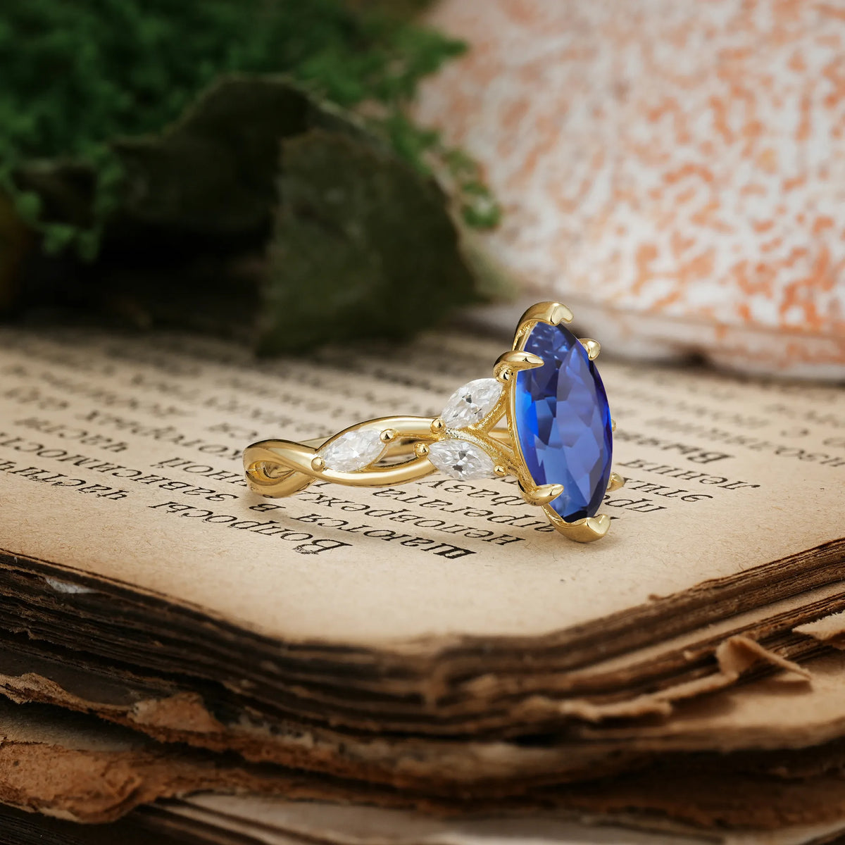 Elegant Forest Branch Multi Marquise Side Accent Long Marquise Cut Sapphire Engagement Ring