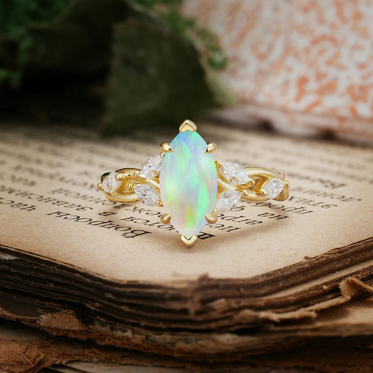 Elegant Forest Branch Multi Marquise Side Accent Long Marquise Cut Fire Opal Engagement Ring