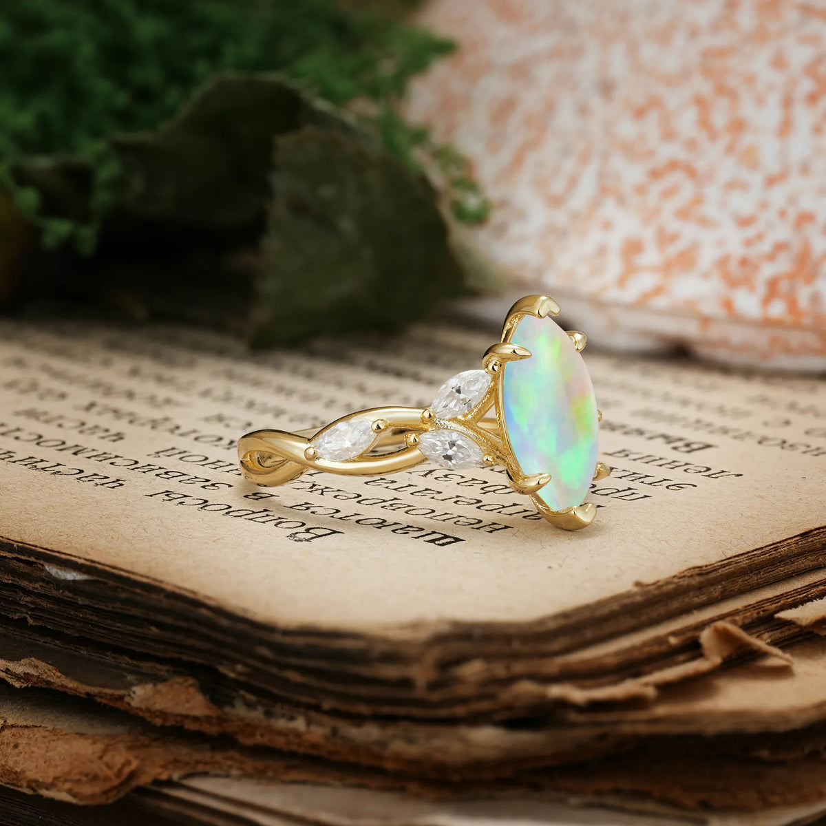 Elegant Forest Branch Multi Marquise Side Accent Long Marquise Cut Fire Opal Engagement Ring
