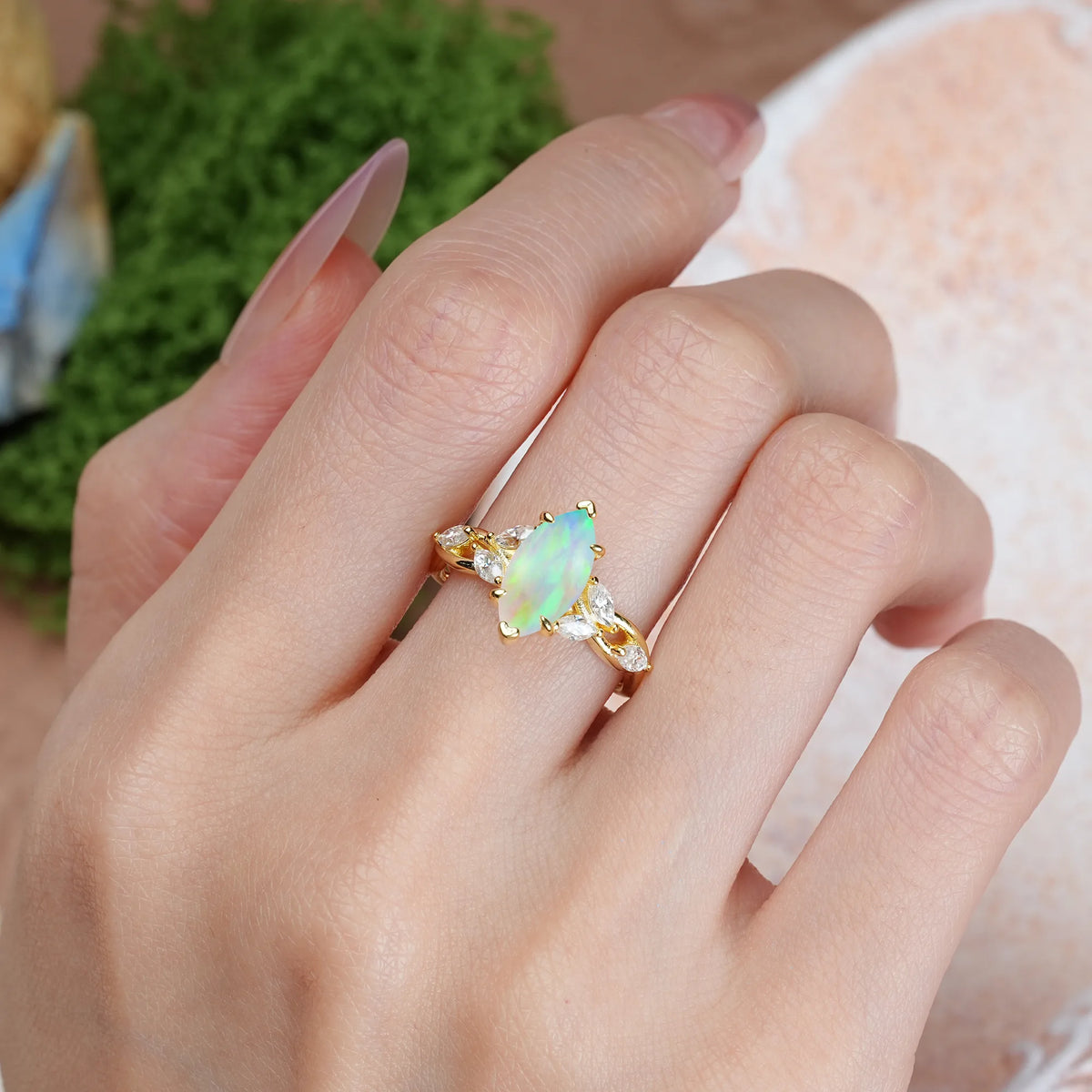 Marquise Cut Fire Opal Elegant Forest Branch Multi Marquise Side Accent Long Engagement Ring