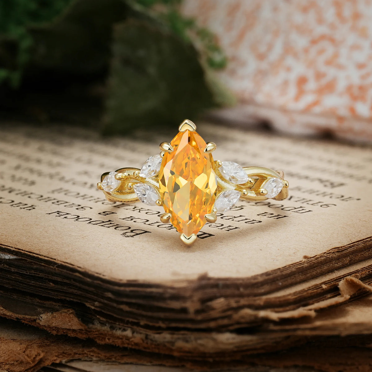 Elegant Forest Branch Multi Marquise Side Accent Long Marquise Cut Citrine Engagement Ring