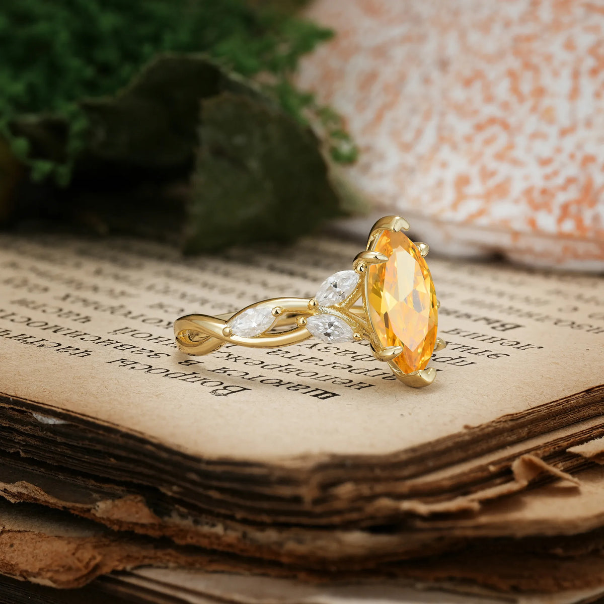 Elegant Forest Branch Multi Marquise Side Accent Long Marquise Cut Citrine Engagement Ring