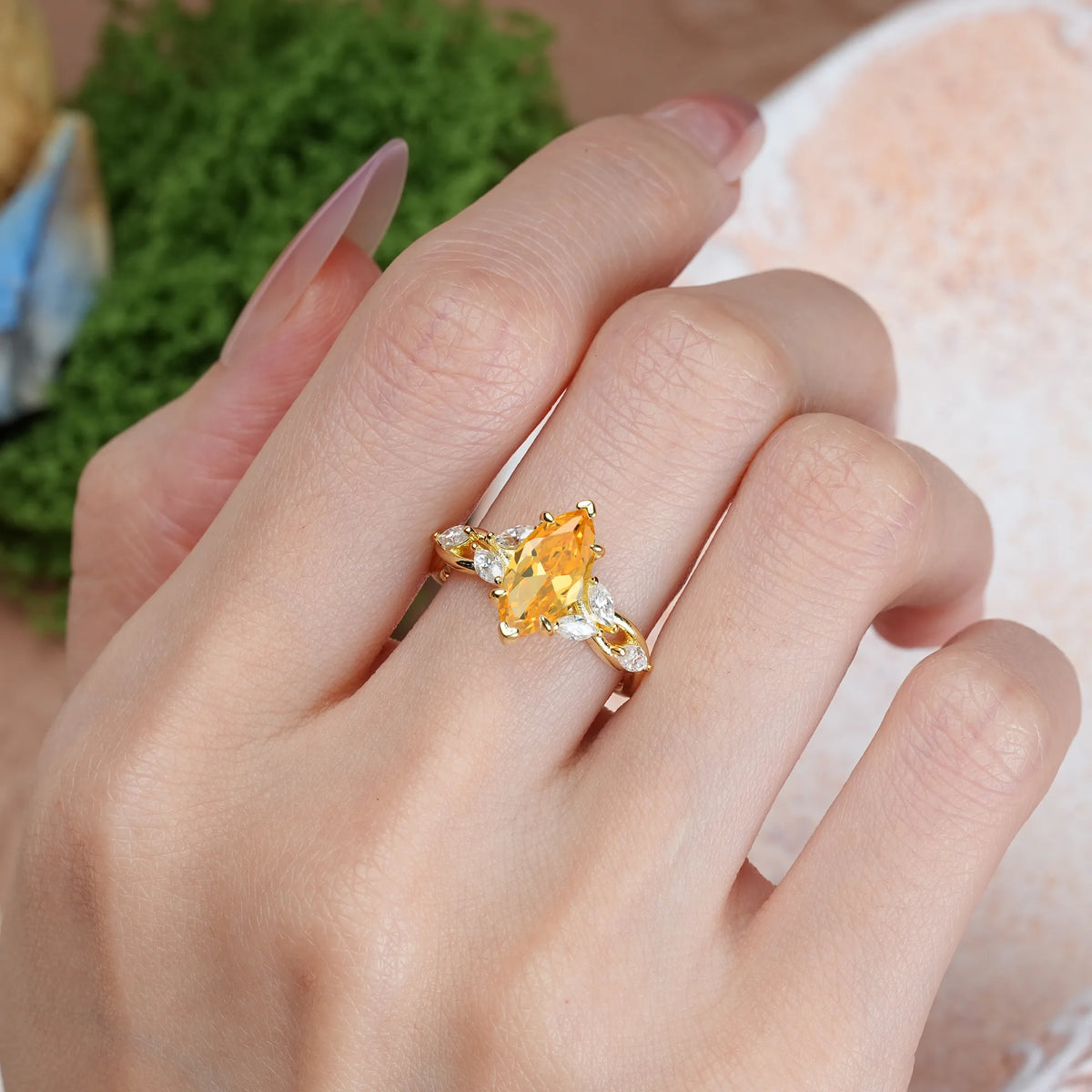 Marquise Cut Citrine Elegant Forest Branch Multi Marquise Side Accent Long Engagement Ring