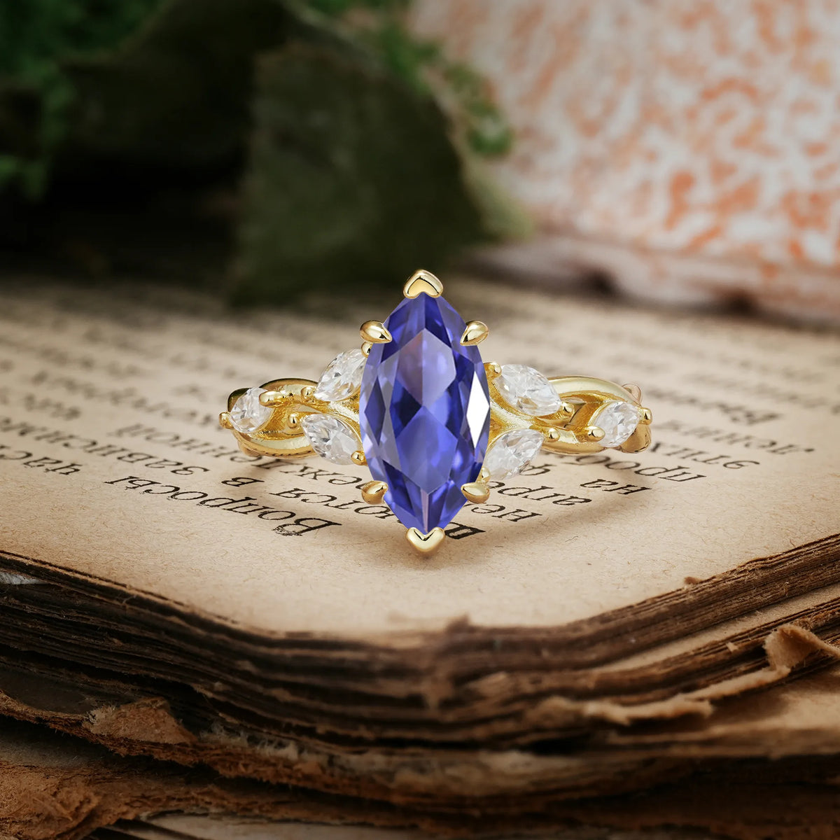 Marquise Cut Tanzanite Elegant Forest Branch Multi Marquise Side Accent Long Engagement Ring