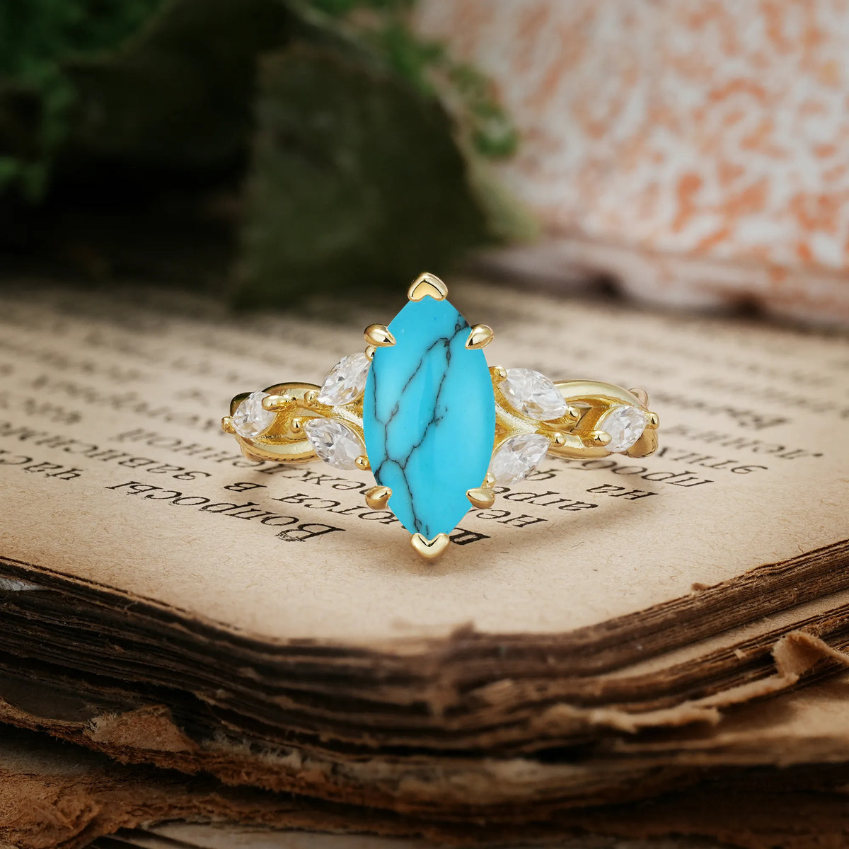 Elegant Forest Branch Multi Marquise Side Accent Long Marquise Cut Turquoise Engagement Ring