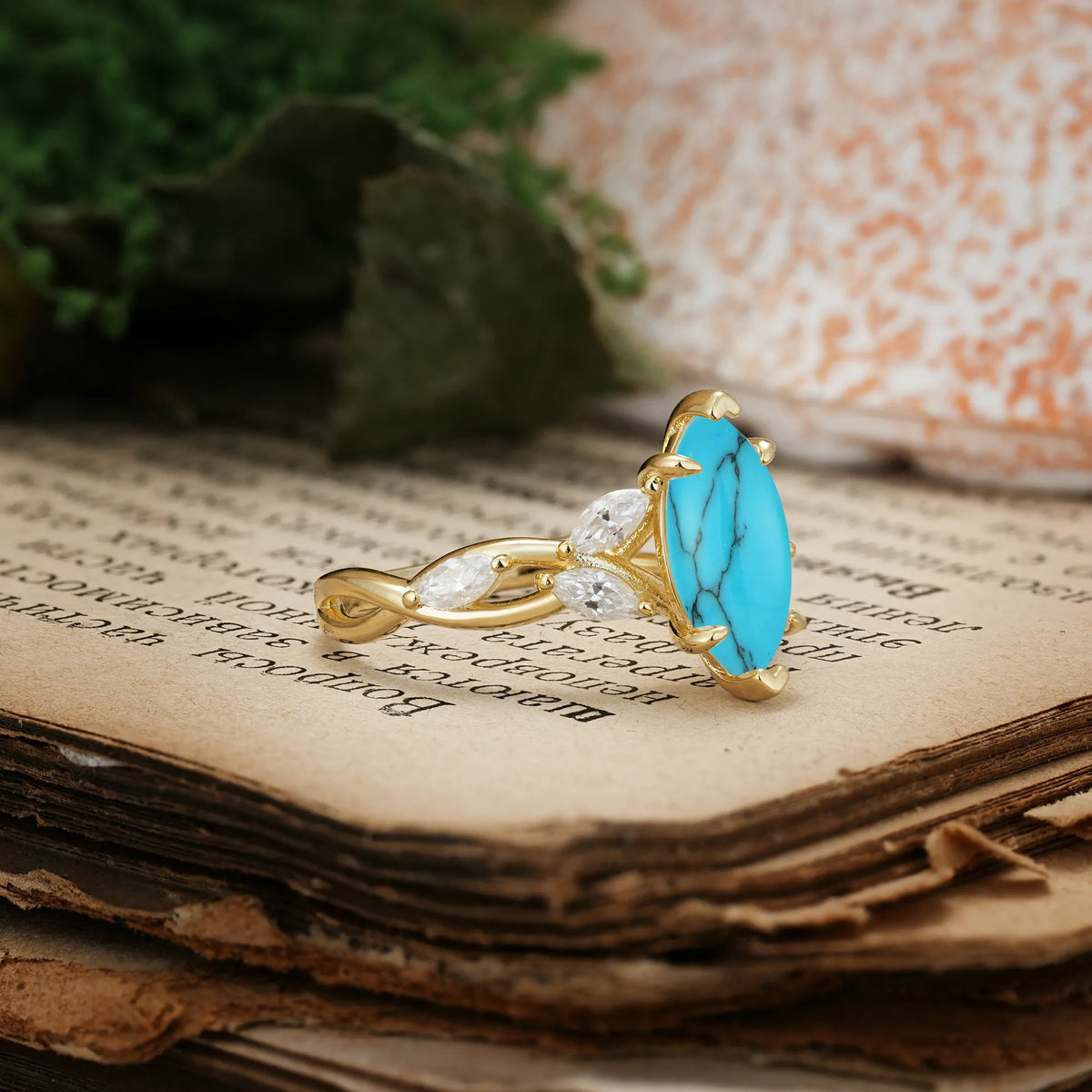 Elegant Forest Branch Multi Marquise Side Accent Long Marquise Cut Turquoise Engagement Ring