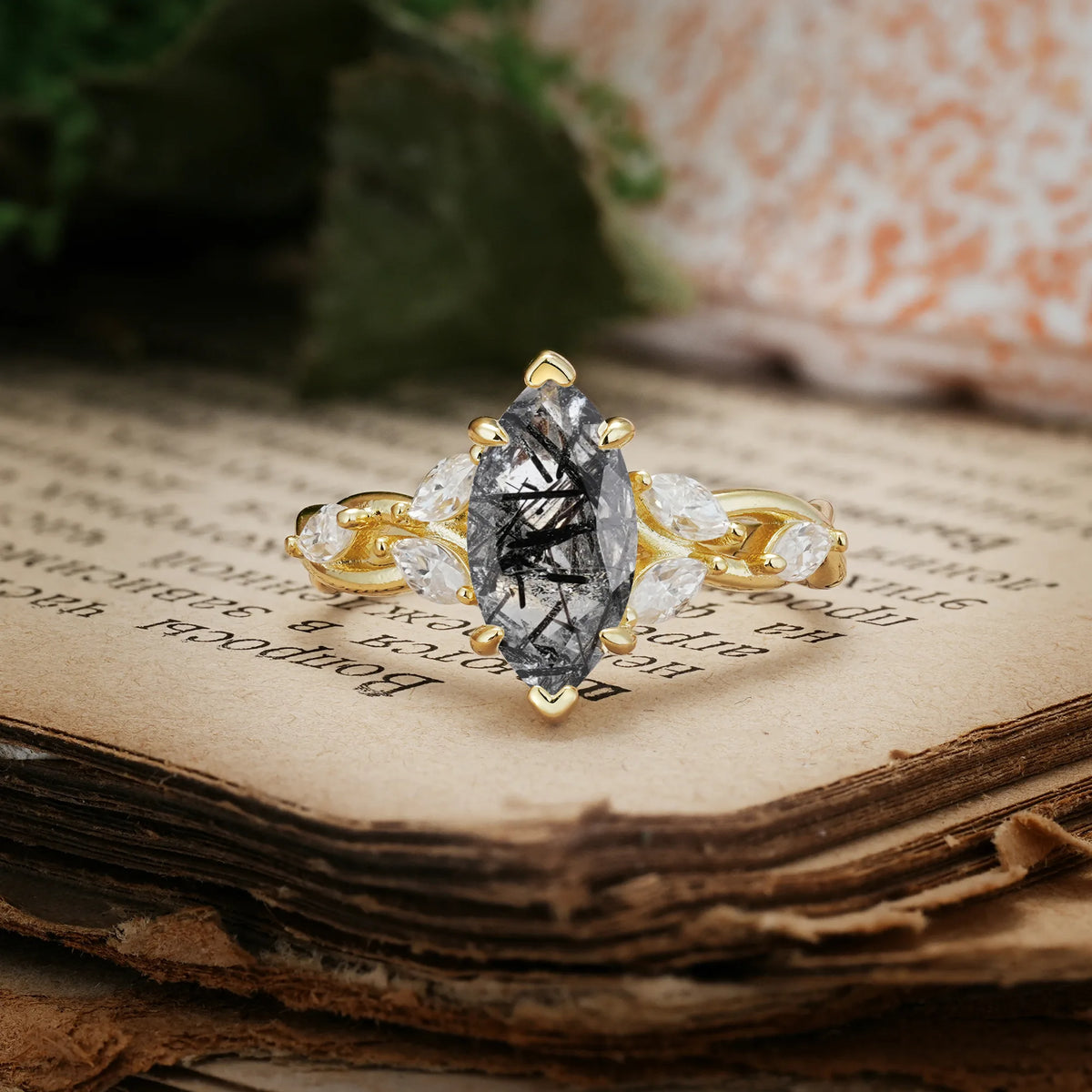 Elegant Forest Branch Multi Marquise Side Accent Long Marquise Cut Black Rutilated Quartz Engagement Ring