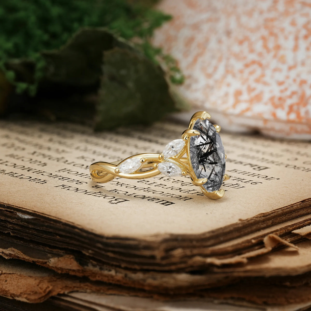 Elegant Forest Branch Multi Marquise Side Accent Long Marquise Cut Black Rutilated Quartz Engagement Ring