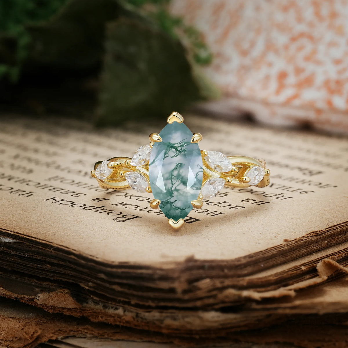 Elegant Forest Branch Multi Marquise Side Accent Long Marquise Cut Moss Agate Engagement Ring