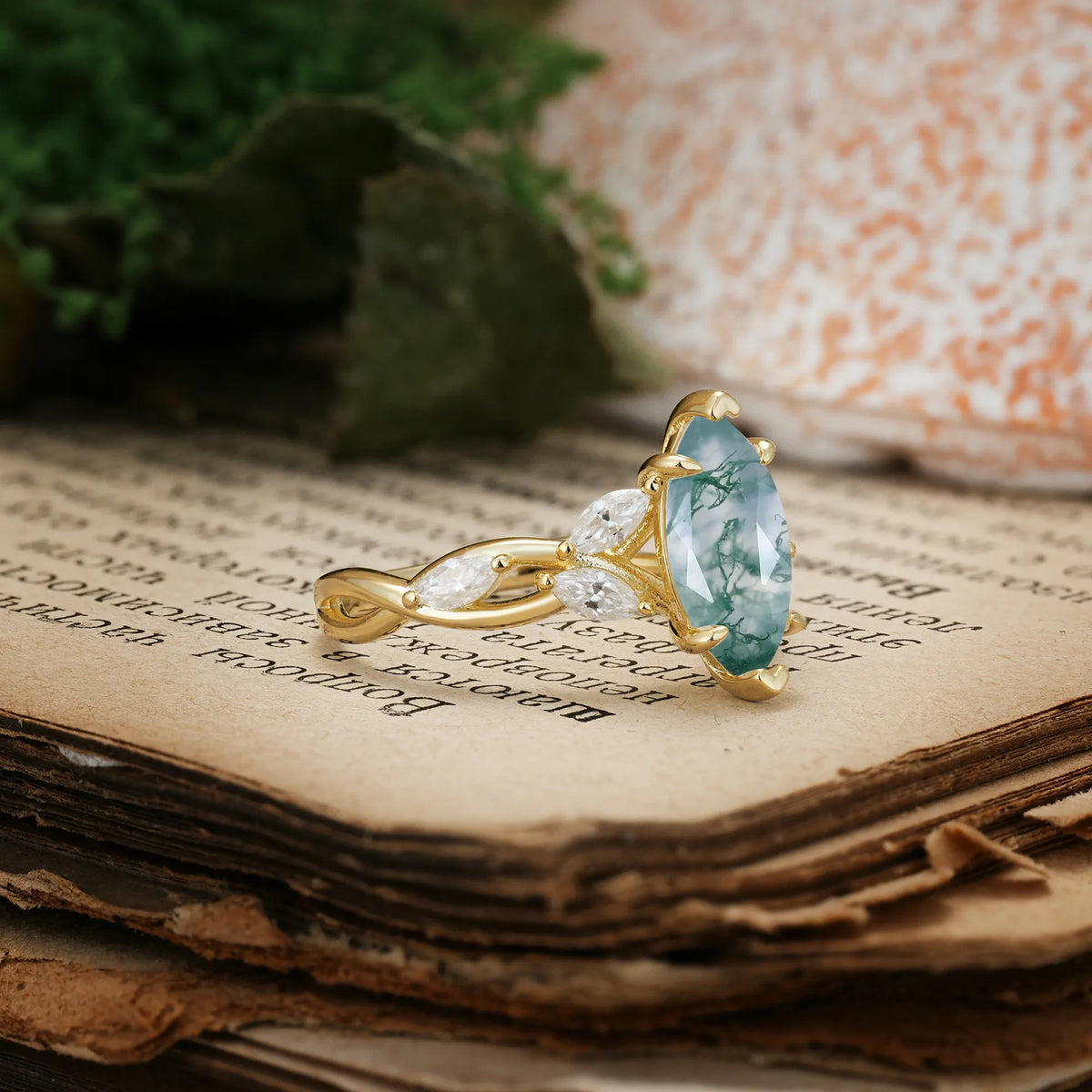 Elegant Forest Branch Multi Marquise Side Accent Long Marquise Cut Moss Agate Engagement Ring