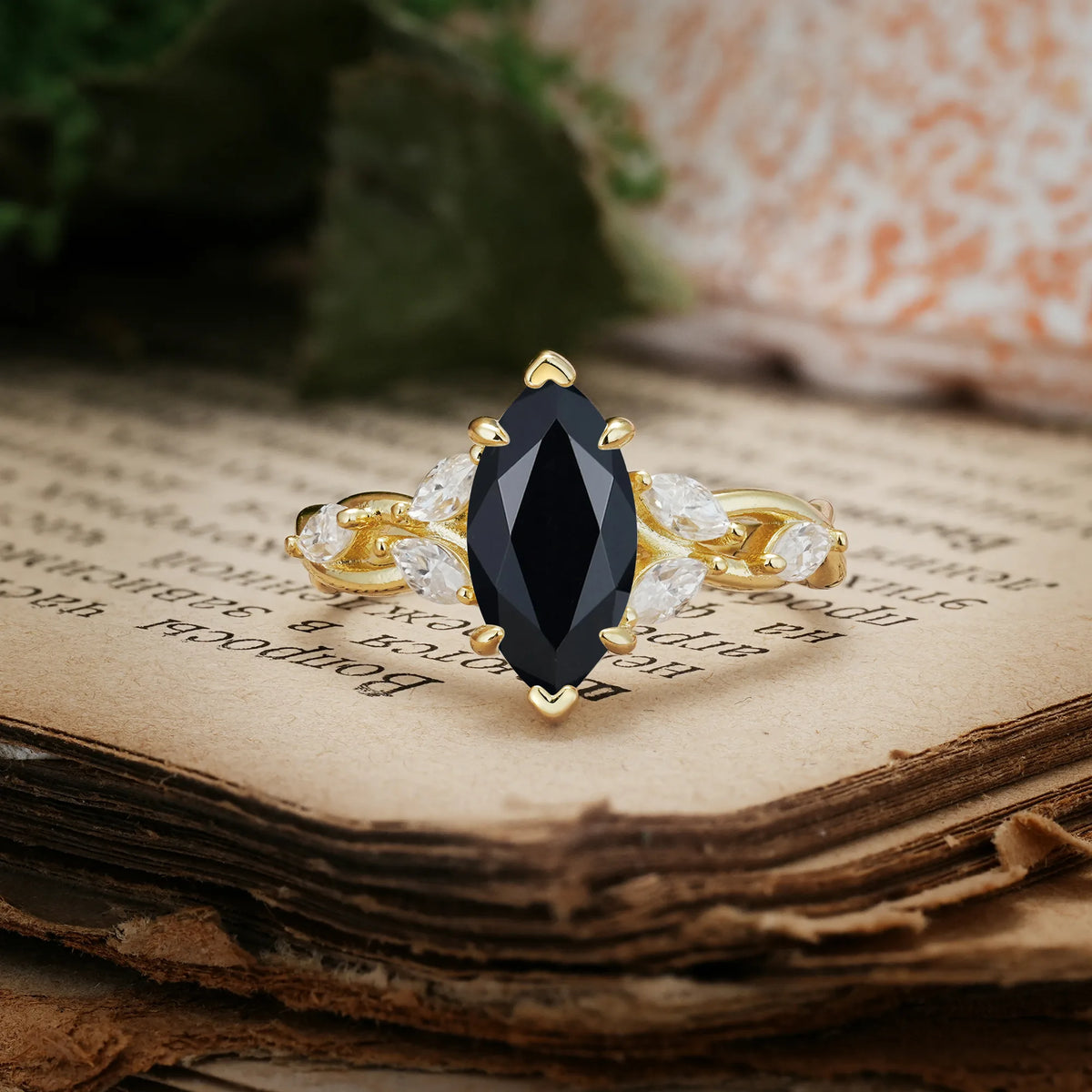 Elegant Forest Branch Multi Marquise Side Accent Long Marquise Cut Black Onyx Engagement Ring