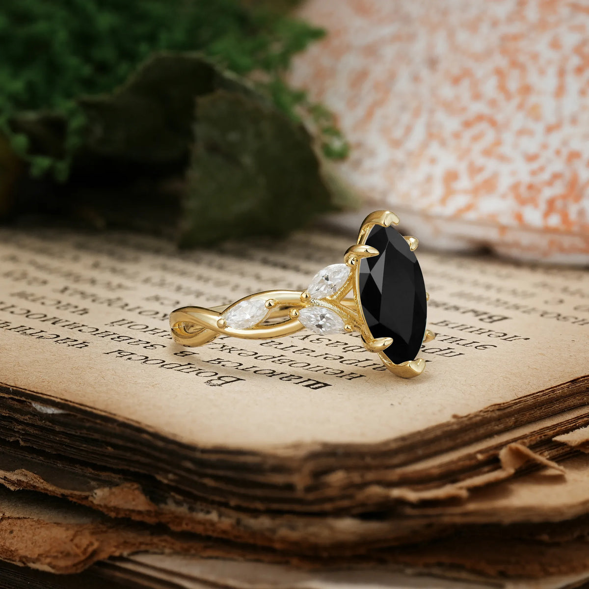 Elegant Forest Branch Multi Marquise Side Accent Long Marquise Cut Black Onyx Engagement Ring