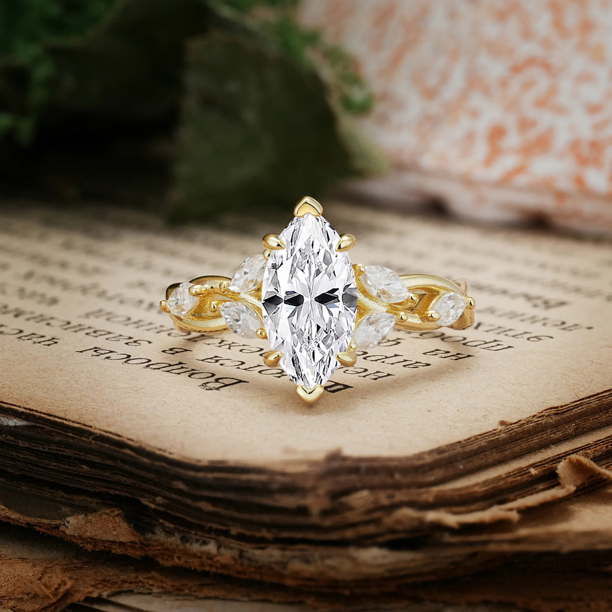 Elegant Forest Branch Multi Marquise Side Accent Long Marquise Cut Lab Diamond Engagement Ring