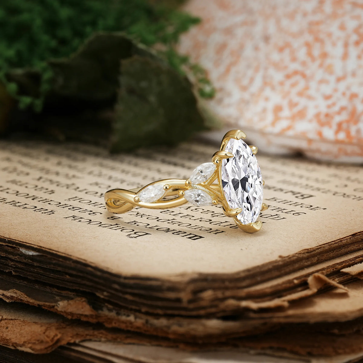 Elegant Forest Branch Multi Marquise Side Accent Long Marquise Cut Lab Diamond Engagement Ring