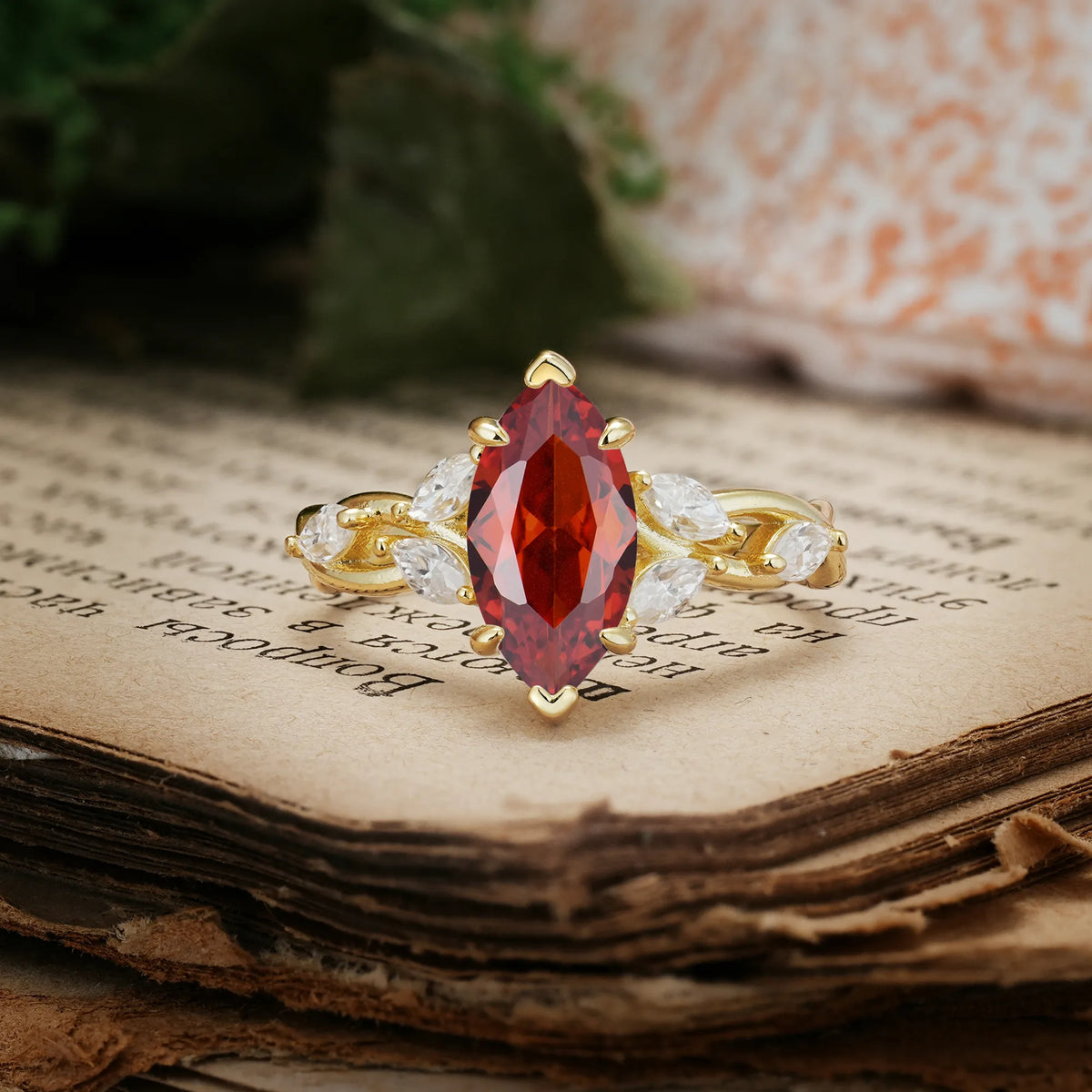 Elegant Forest Branch Multi Marquise Side Accent Long Marquise Cut Garnet Engagement Ring
