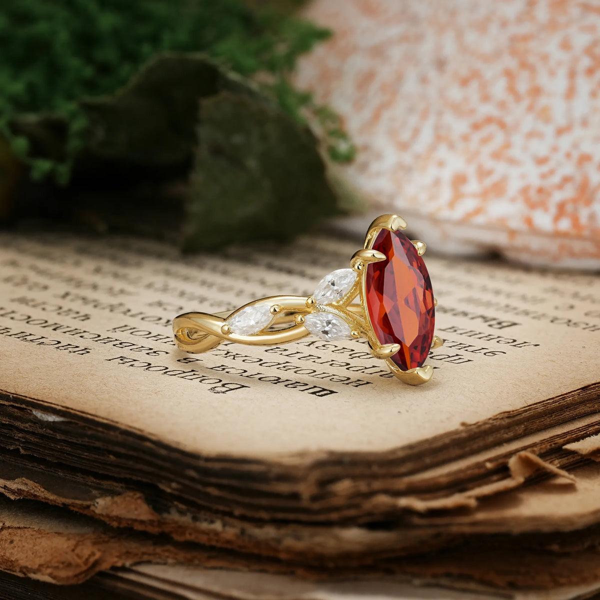 Elegant Forest Branch Multi Marquise Side Accent Long Marquise Cut Garnet Engagement Ring