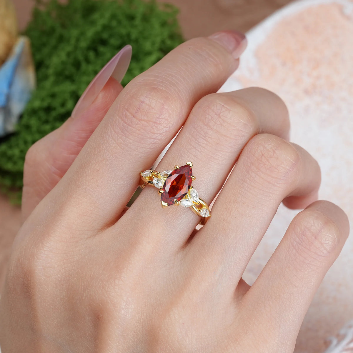 Marquise Cut Garnet Elegant Forest Branch Multi Marquise Side Accent Long Engagement Ring