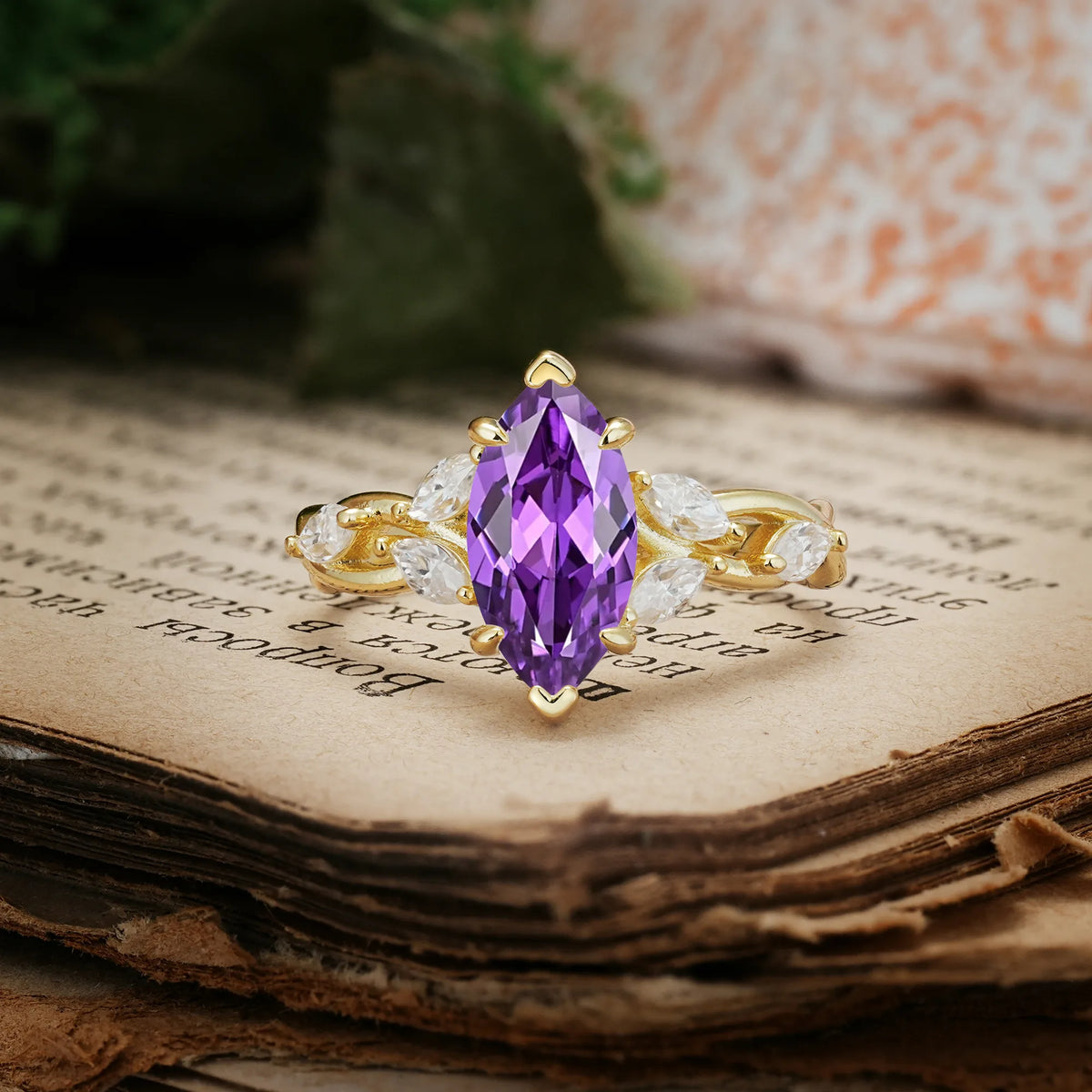Elegant Forest Branch Multi Marquise Side Accent Long Marquise Cut Amethyst Engagement Ring