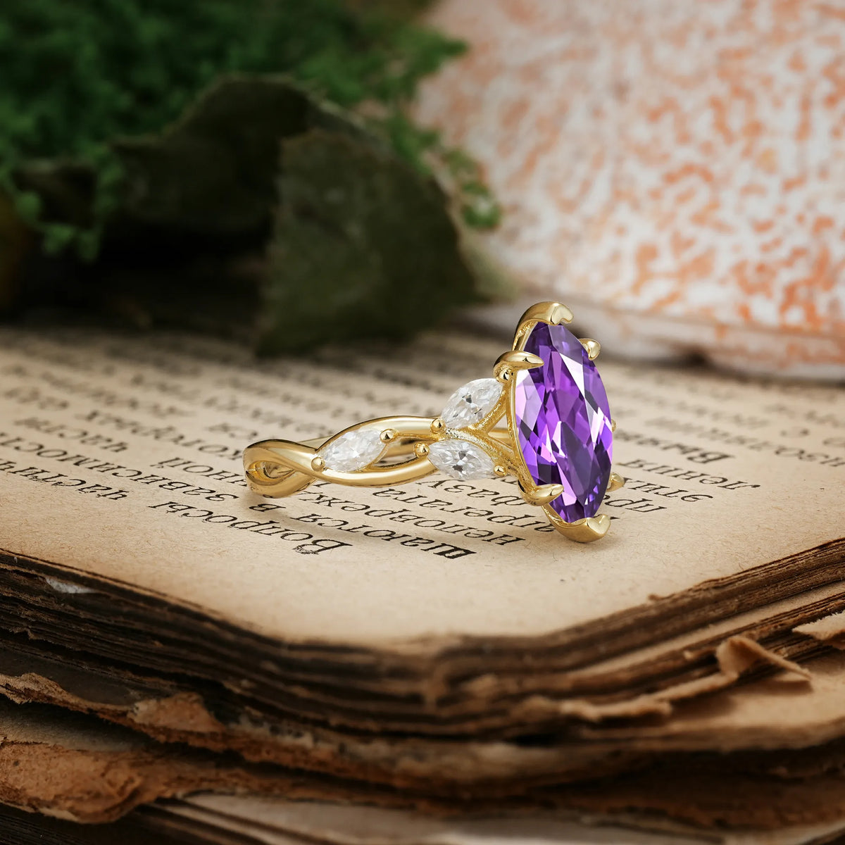 Elegant Forest Branch Multi Marquise Side Accent Long Marquise Cut Amethyst Engagement Ring