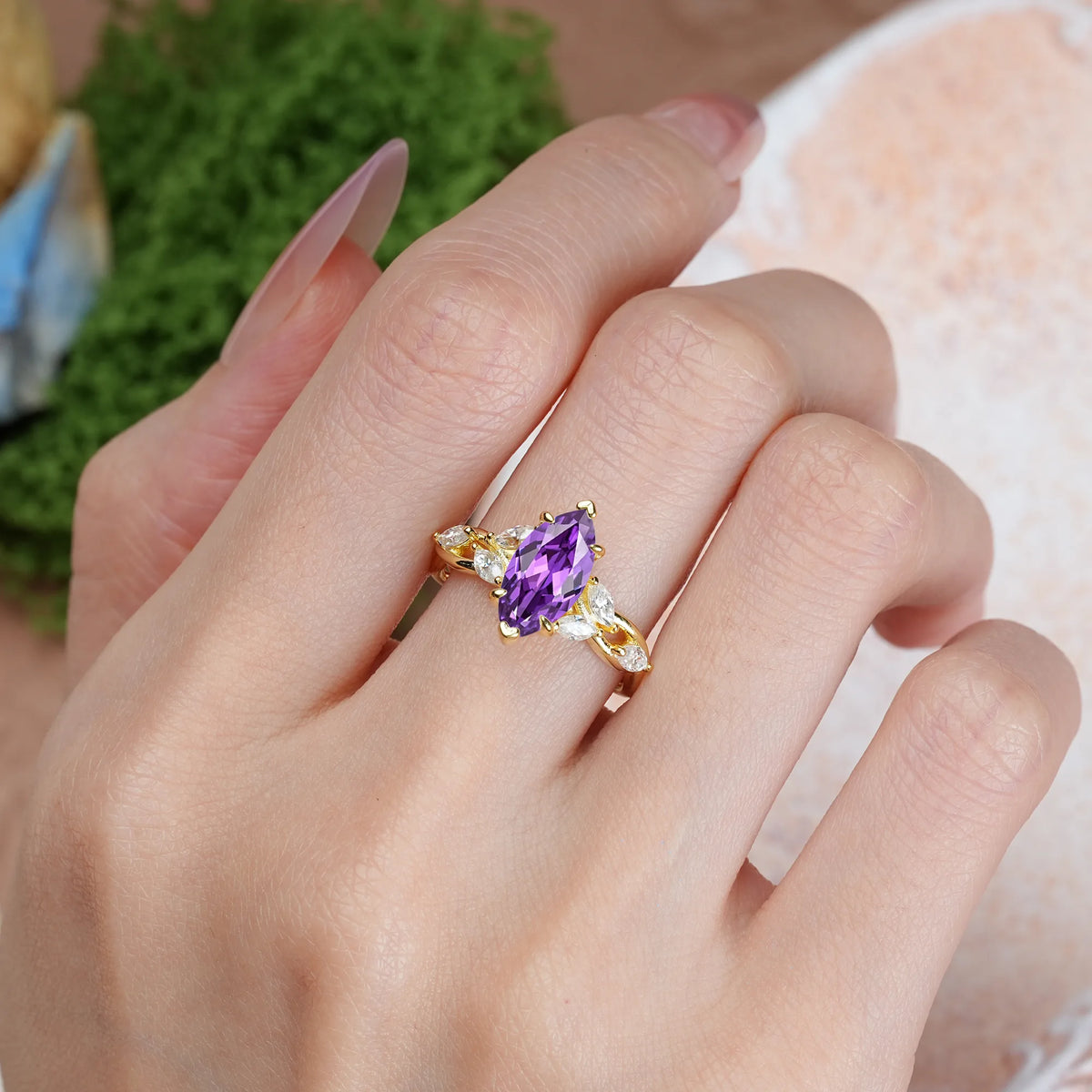 Marquise Cut Amethyst Elegant Forest Branch Multi Marquise Side Accent Long Engagement Ring