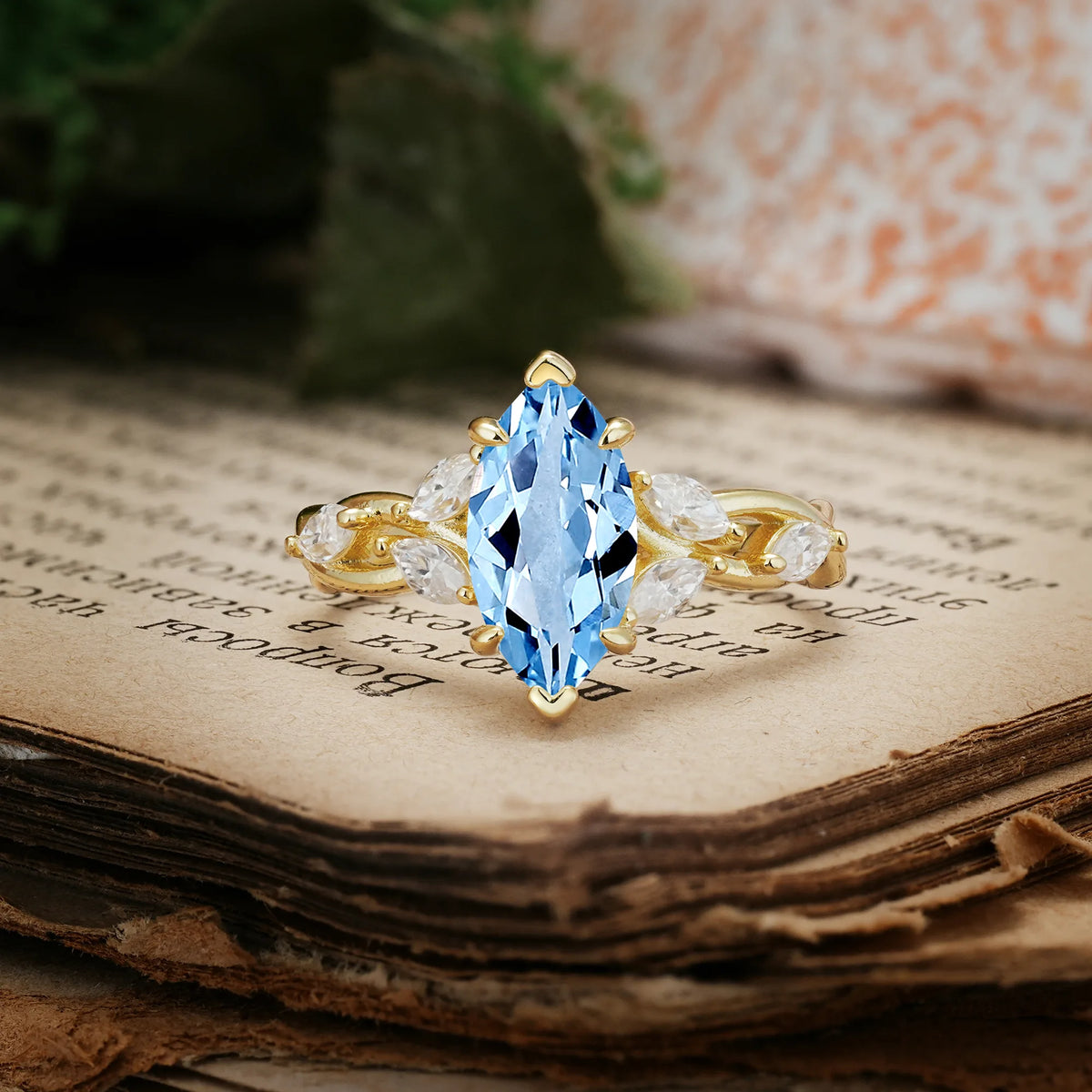 Elegant Forest Branch Multi Marquise Side Accent Long Marquise Cut Aquamarine Engagement Ring