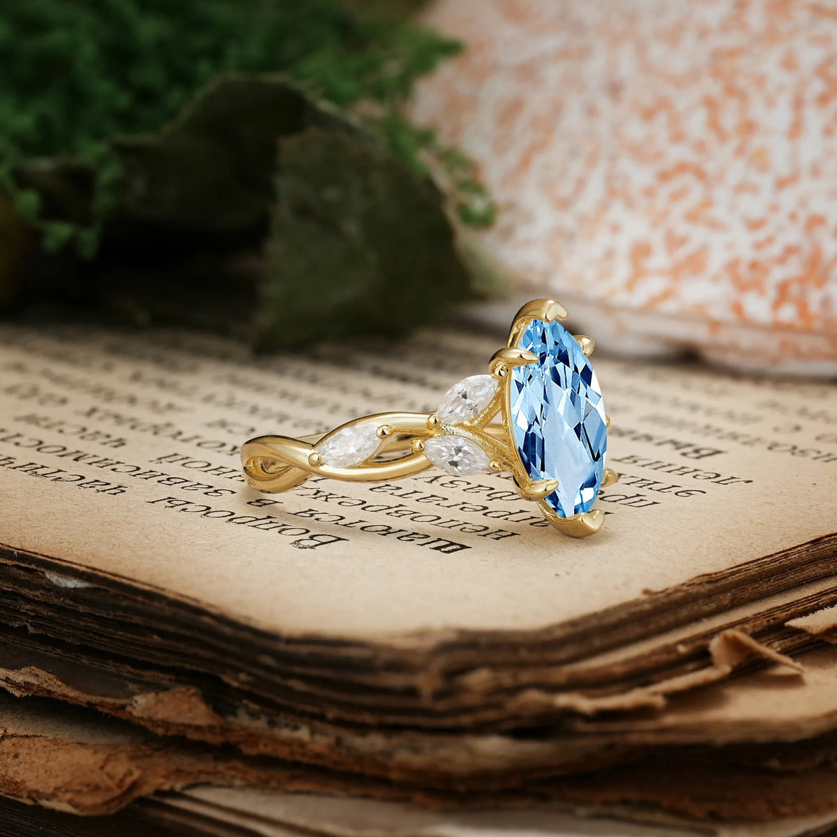 Elegant Forest Branch Multi Marquise Side Accent Long Marquise Cut Aquamarine Engagement Ring