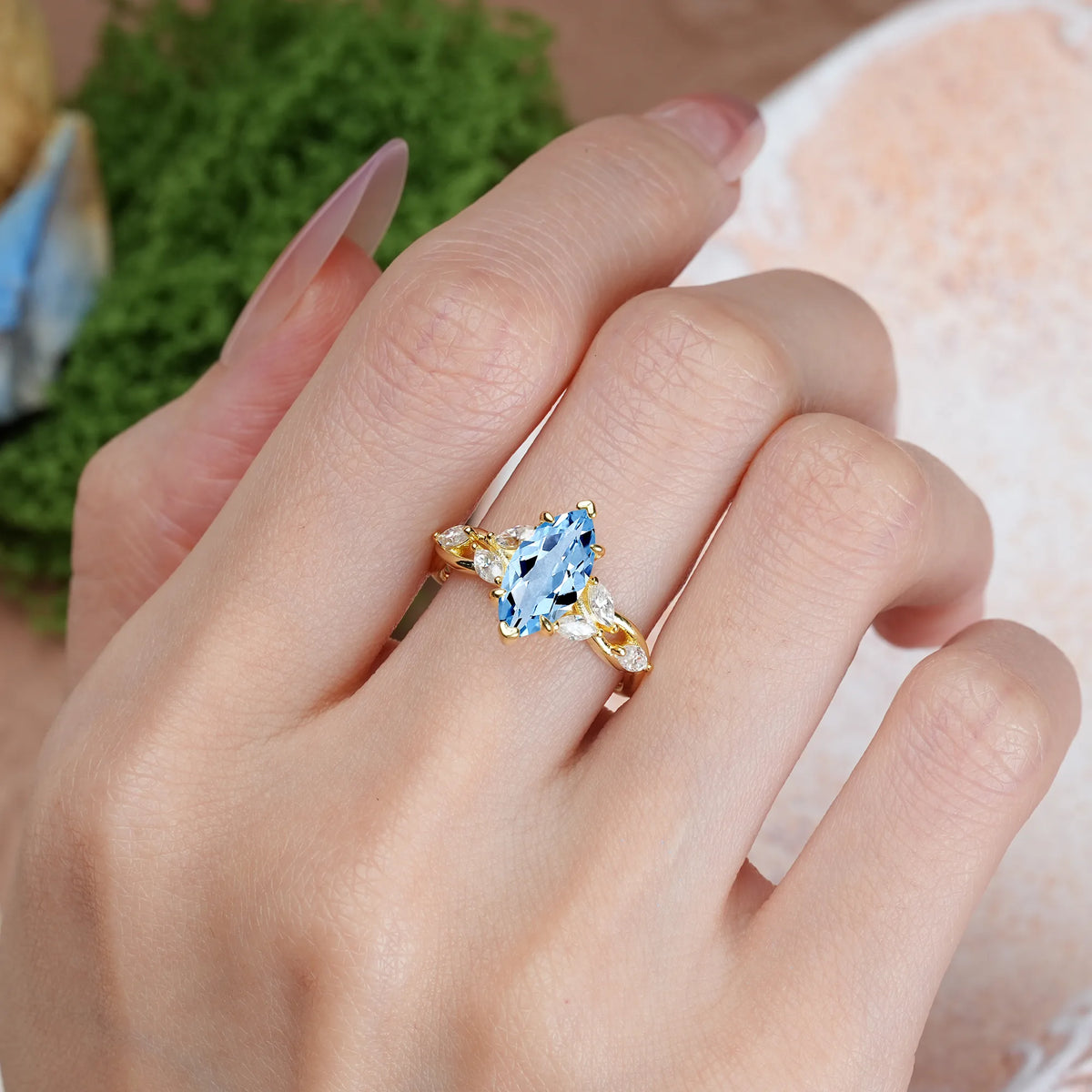 Marquise Cut Aquamarine Elegant Forest Branch Multi Marquise Side Accent Long Engagement Ring