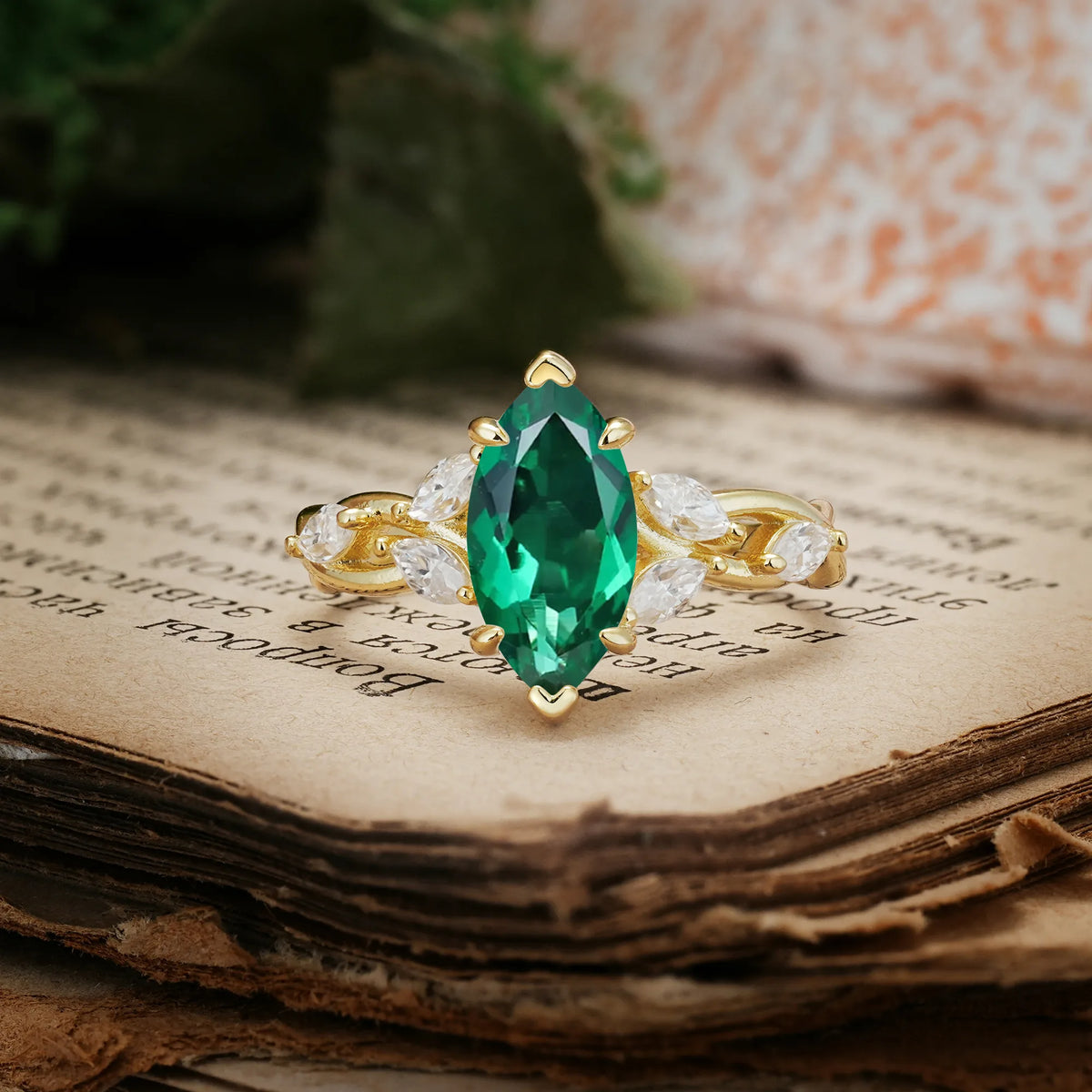 Elegant Forest Branch Multi Marquise Side Accent Long Marquise Cut Emerald Engagement Ring