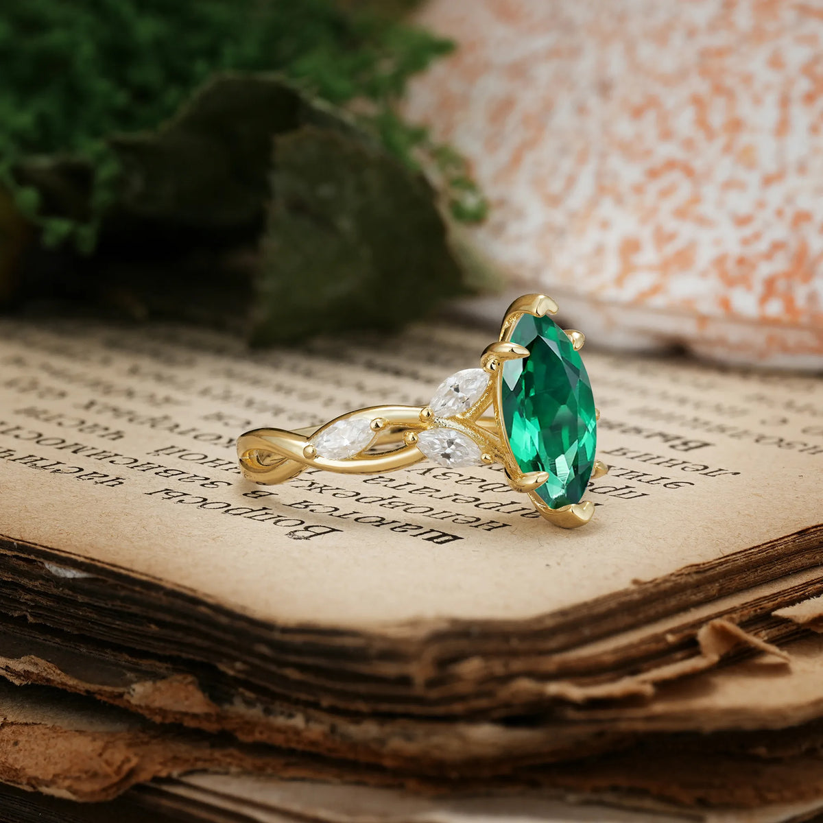 Elegant Forest Branch Multi Marquise Side Accent Long Marquise Cut Emerald Engagement Ring
