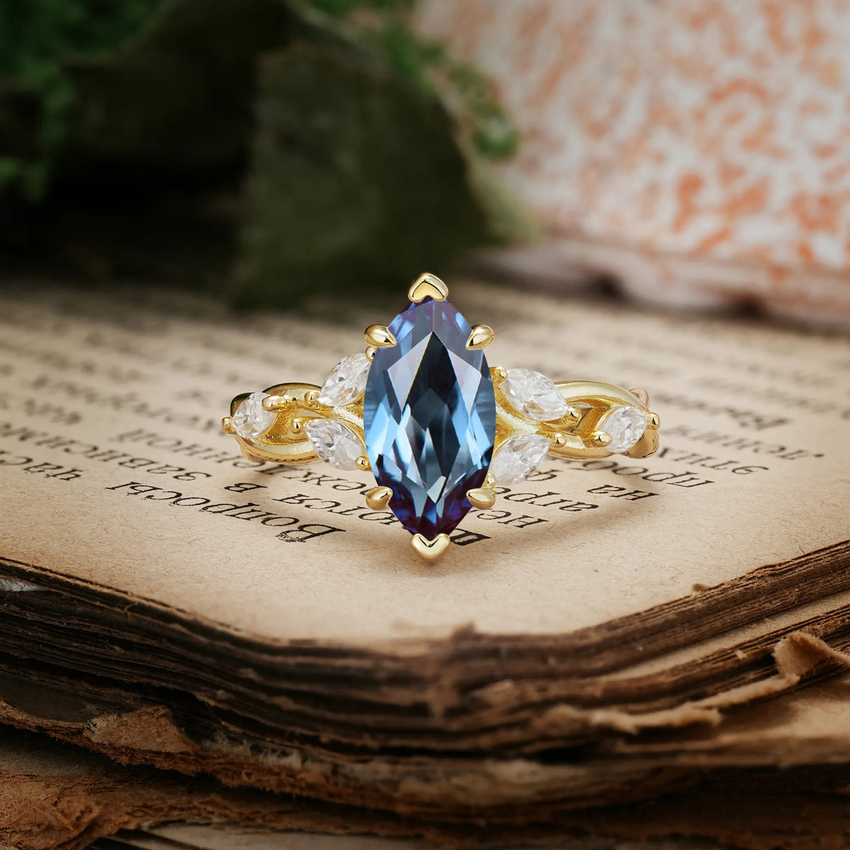 Elegant Forest Branch Multi Marquise Side Accent Long Marquise Cut Alexandrite Engagement Ring