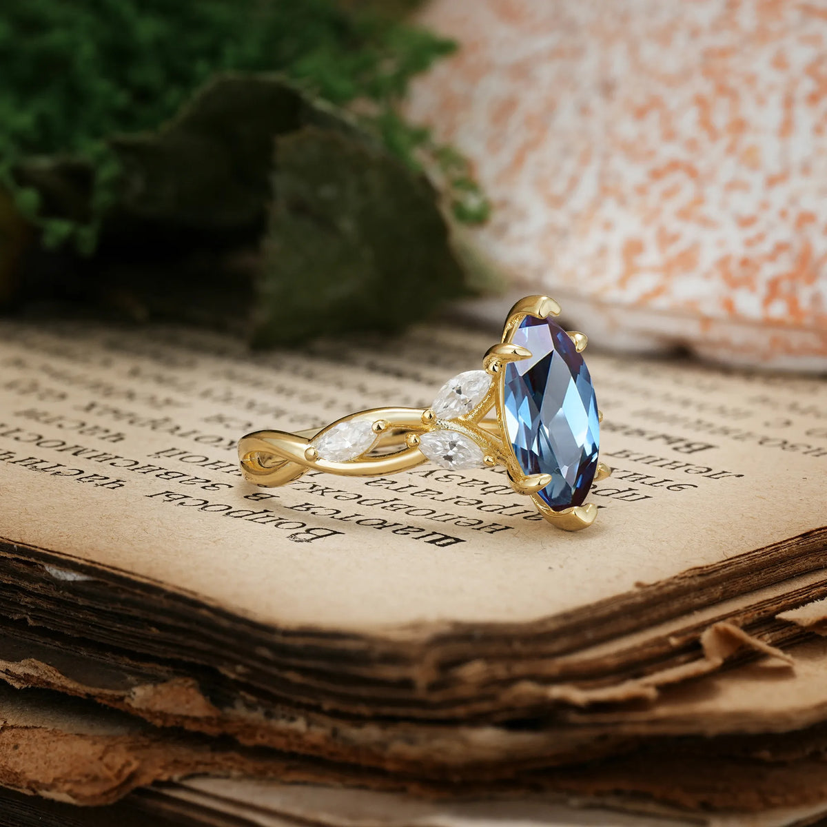 Elegant Forest Branch Multi Marquise Side Accent Long Marquise Cut Alexandrite Engagement Ring