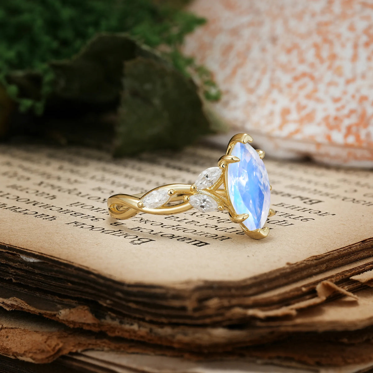Elegant Forest Branch Multi Marquise Side Accent Long Marquise Cut Moonstone Engagement Ring