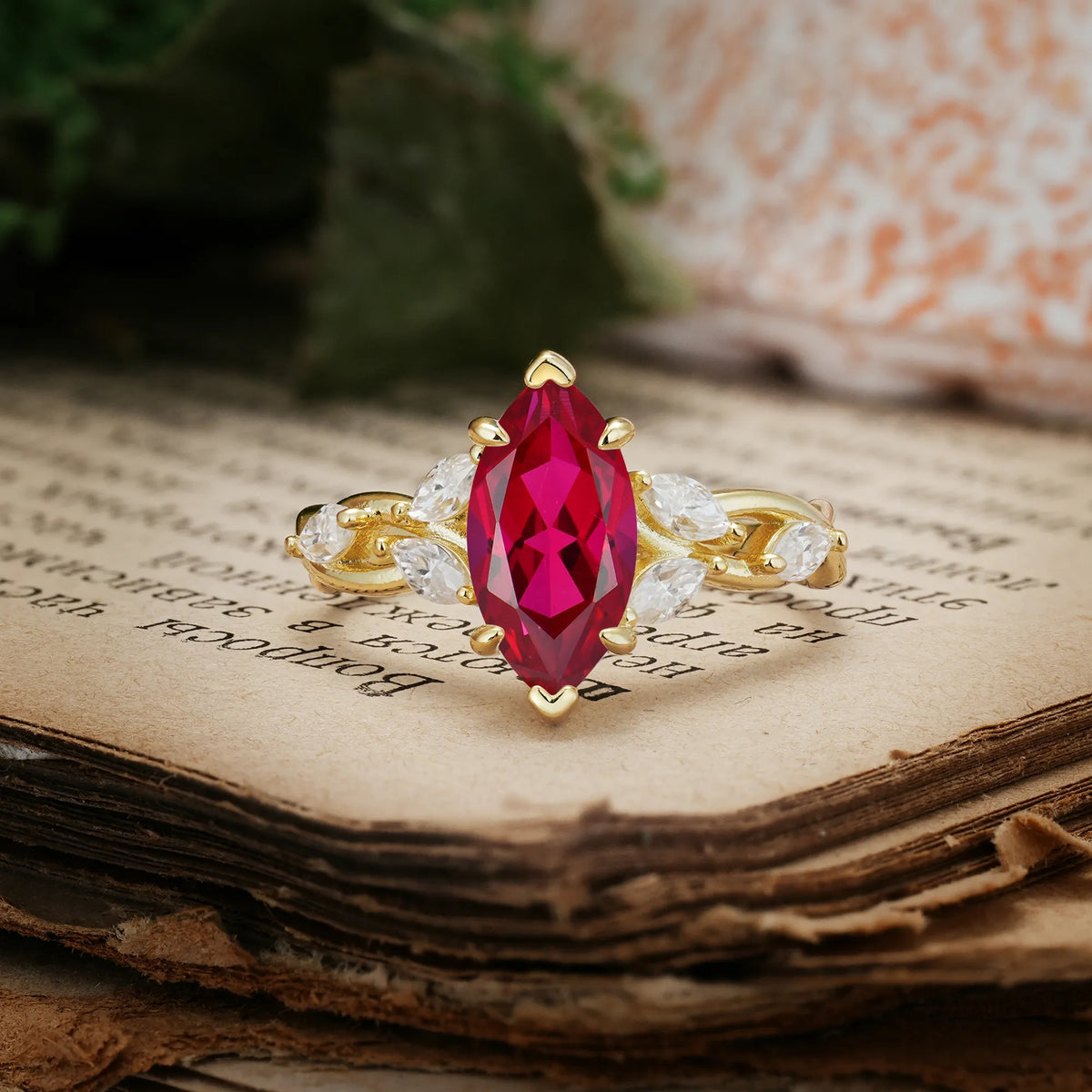Elegant Forest Branch Multi Marquise Side Accent Long Marquise Cut Ruby Engagement Ring