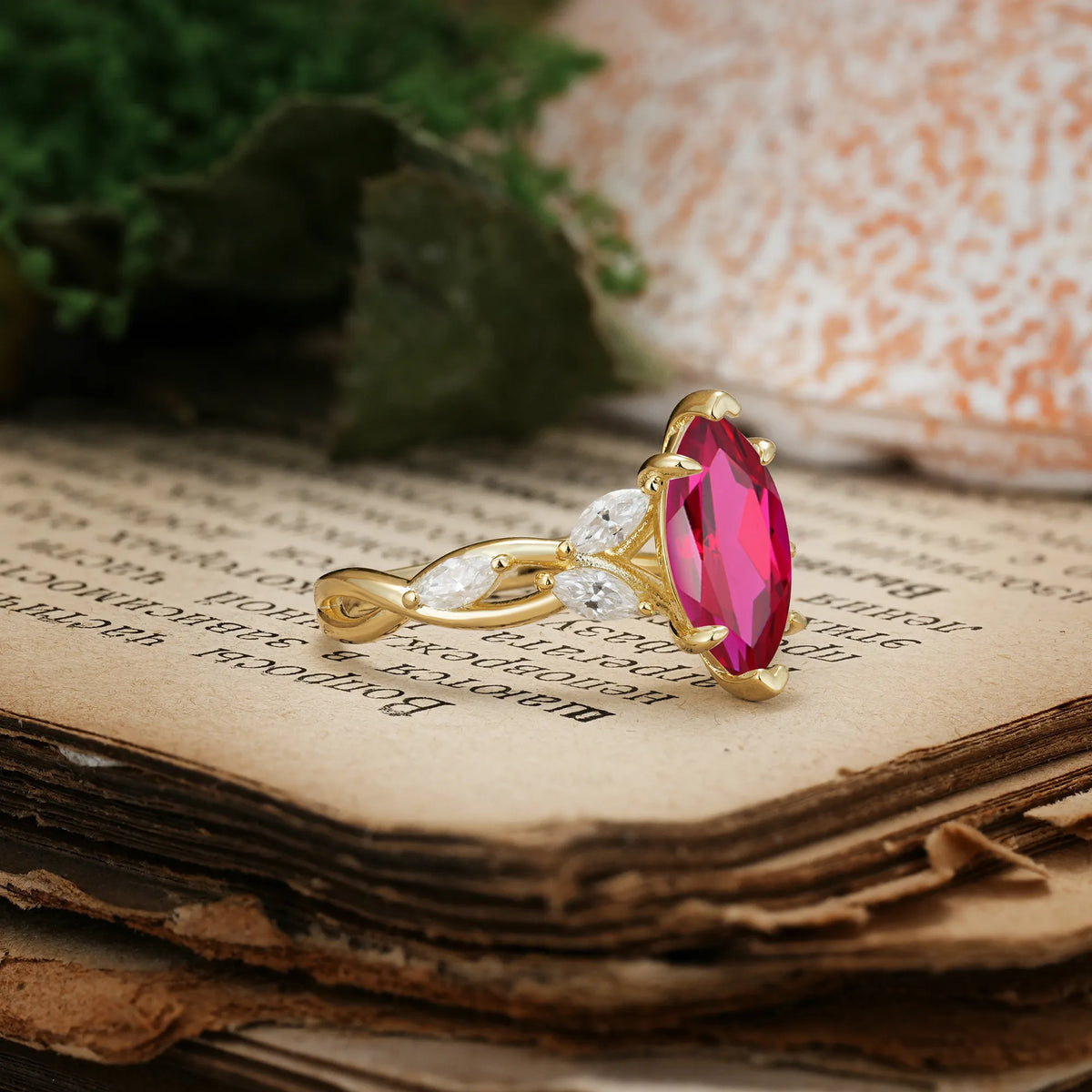 Elegant Forest Branch Multi Marquise Side Accent Long Marquise Cut Ruby Engagement Ring