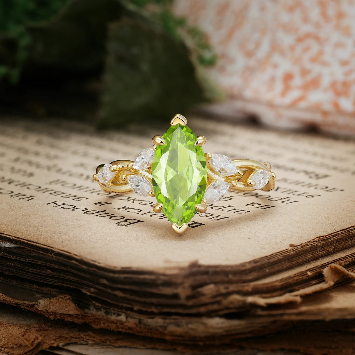 Elegant Forest Branch Multi Marquise Side Accent Long Marquise Cut Peridot Engagement Ring
