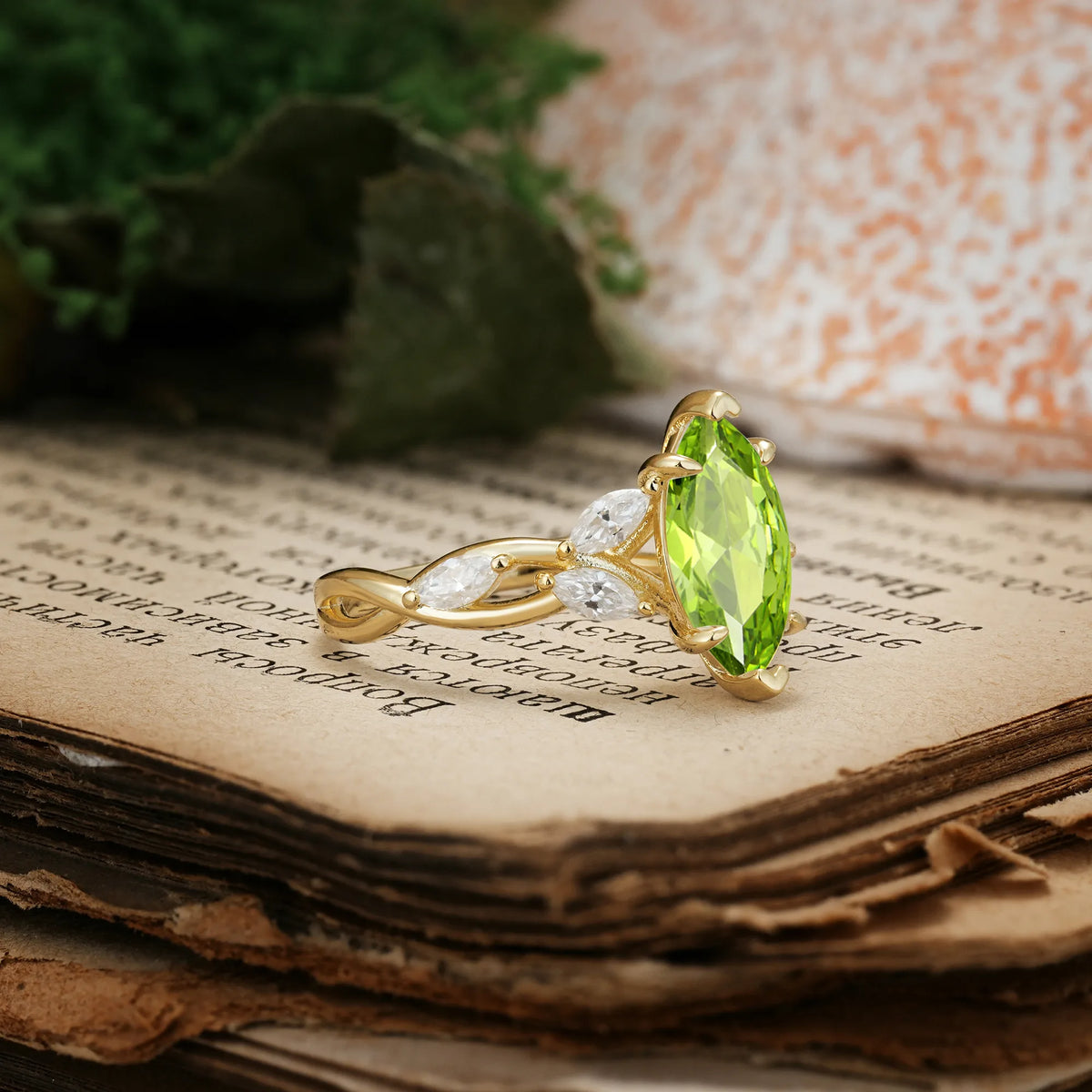 Elegant Forest Branch Multi Marquise Side Accent Long Marquise Cut Peridot Engagement Ring