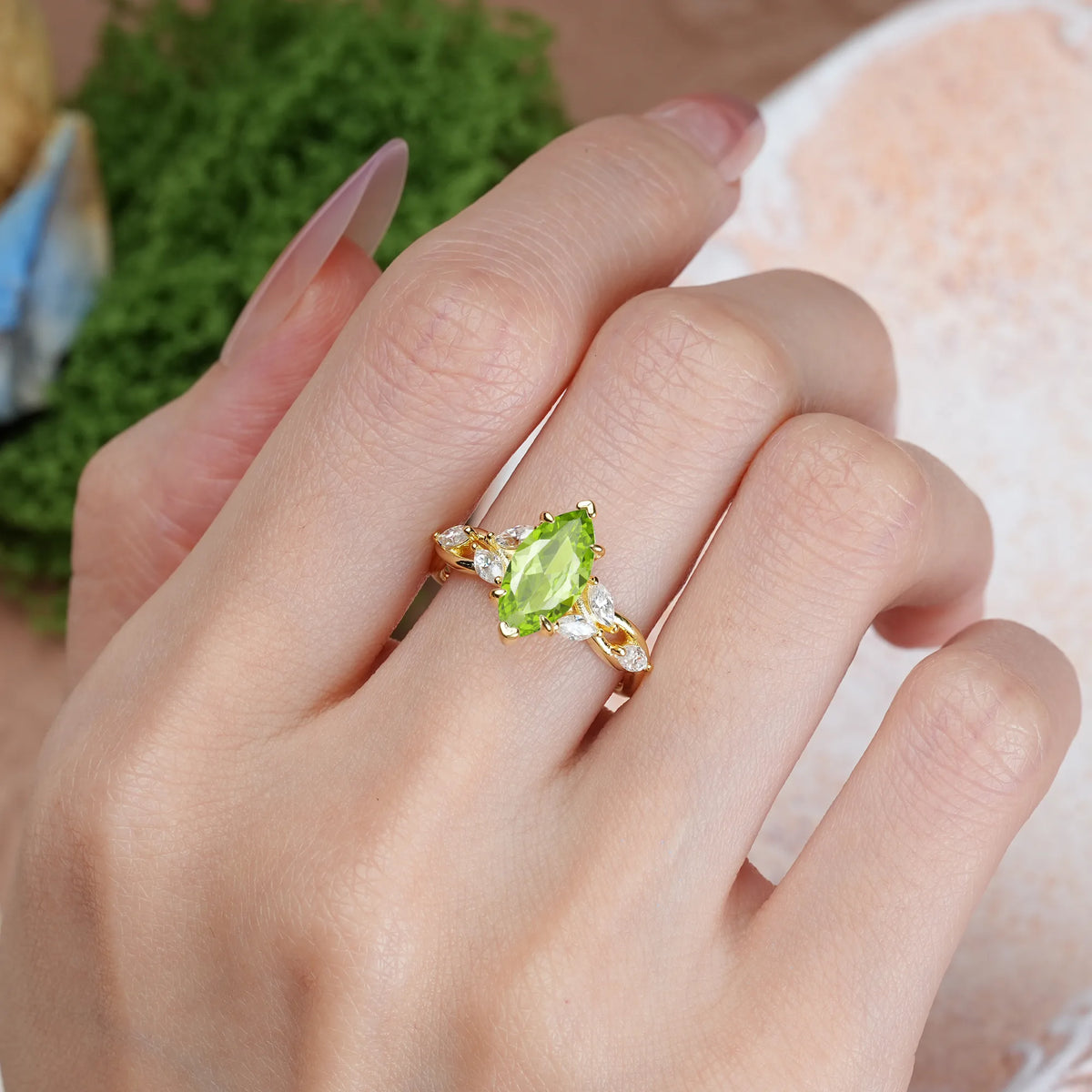 Marquise Cut Peridot Elegant Forest Branch Multi Marquise Side Accent Long Engagement Ring