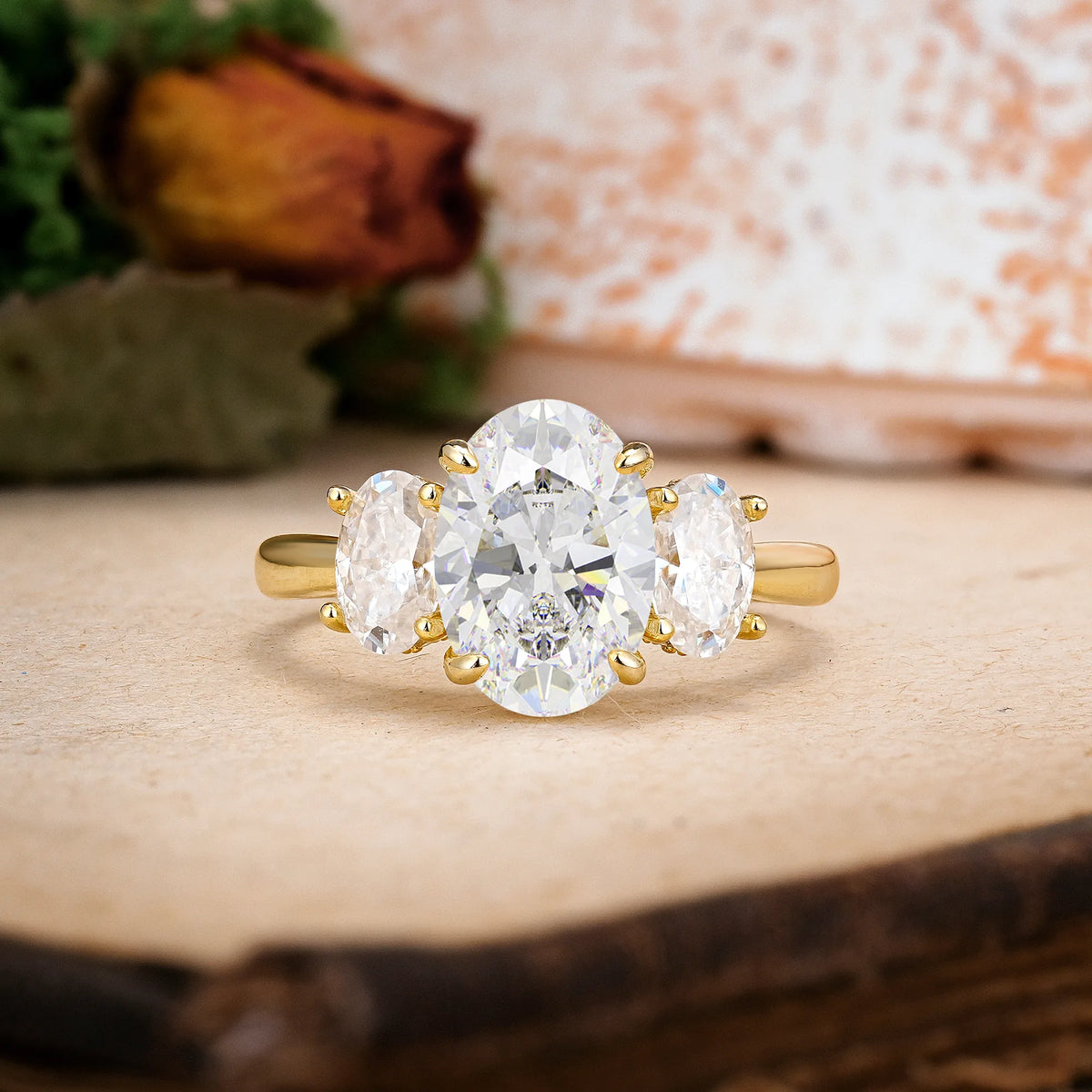 Oval Cut Moissanite Three Stone Oval Center Solitaire Symmetric Side Ball Prong Smooth Shank Engagement Ring