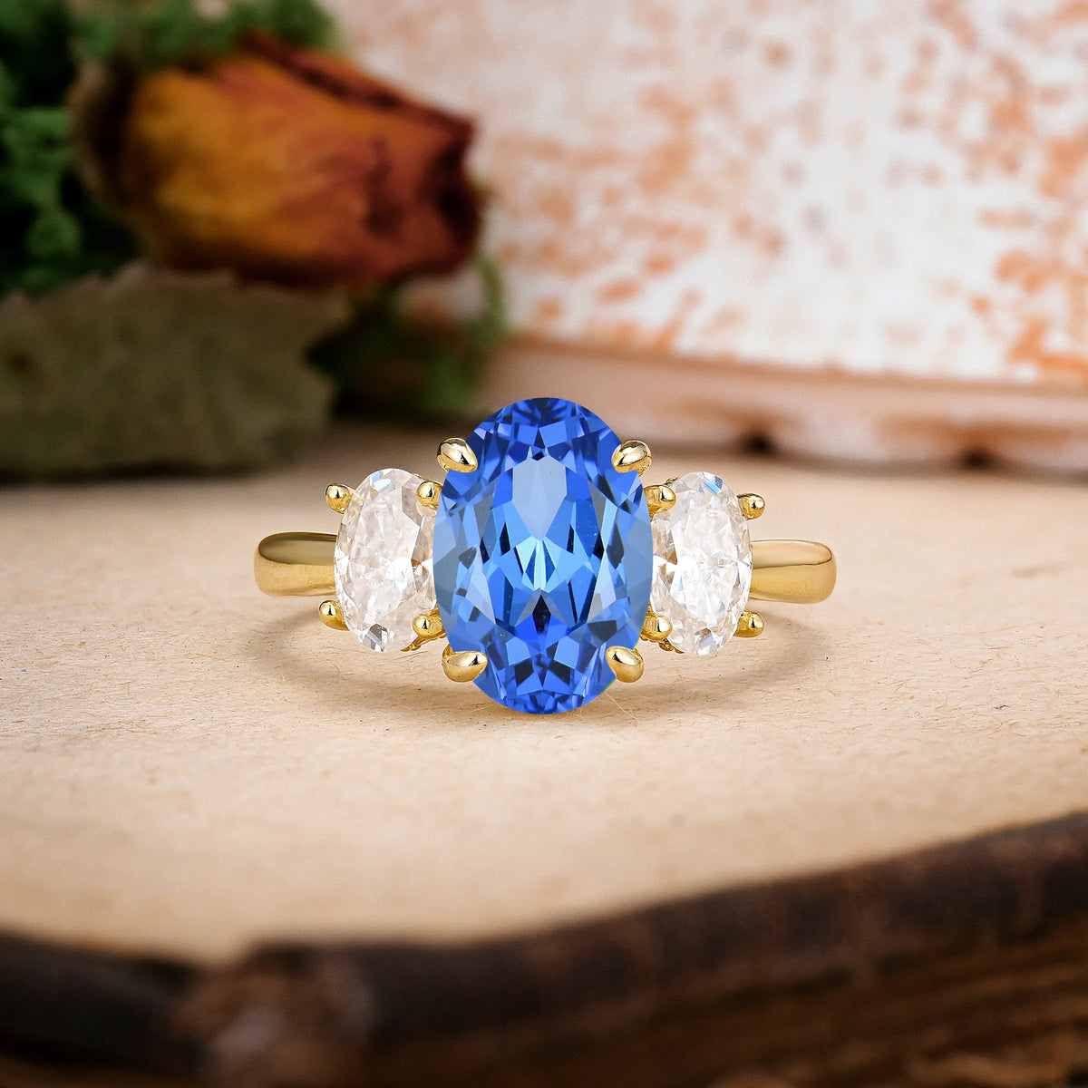 Oval Cut Sapphire Three Stone Oval Center Solitaire Symmetric Side Ball Prong Smooth Shank Engagement Ring