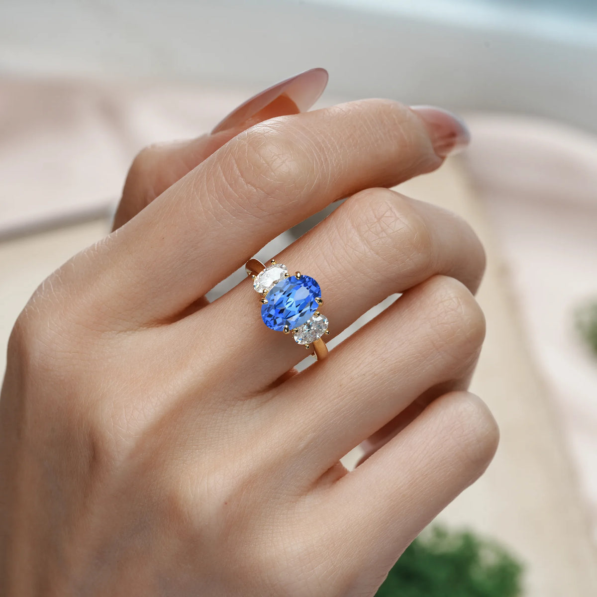 Oval Cut Sapphire Three Stone Oval Center Solitaire Symmetric Side Ball Prong Smooth Shank Engagement Ring