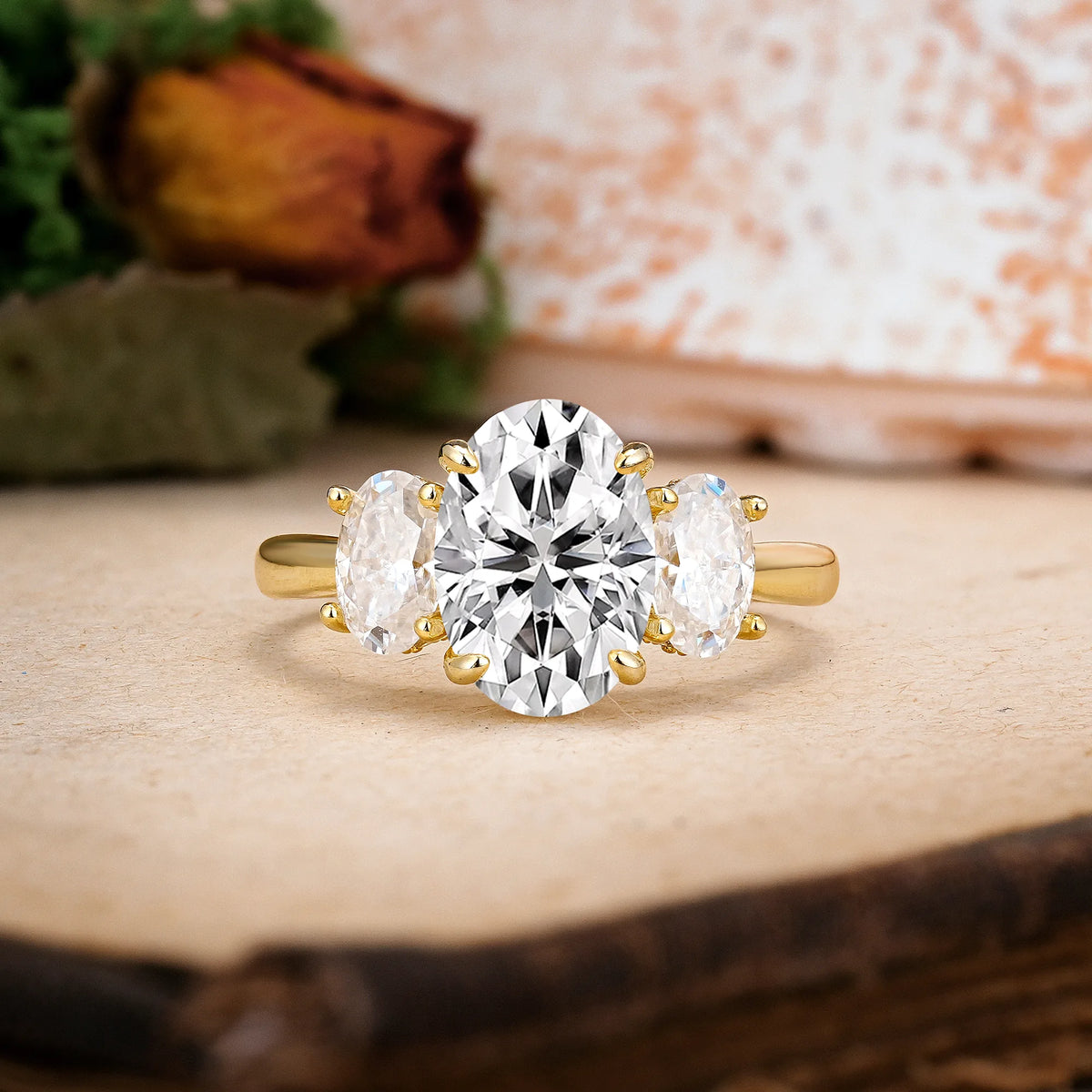 Oval Cut Lab Diamond Three Stone Oval Center Solitaire Symmetric Side Ball Prong Smooth Shank Engagement Ring