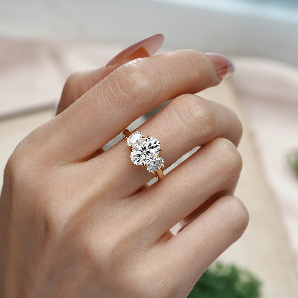 Oval Cut Lab Diamond Three Stone Oval Center Solitaire Symmetric Side Ball Prong Smooth Shank Engagement Ring