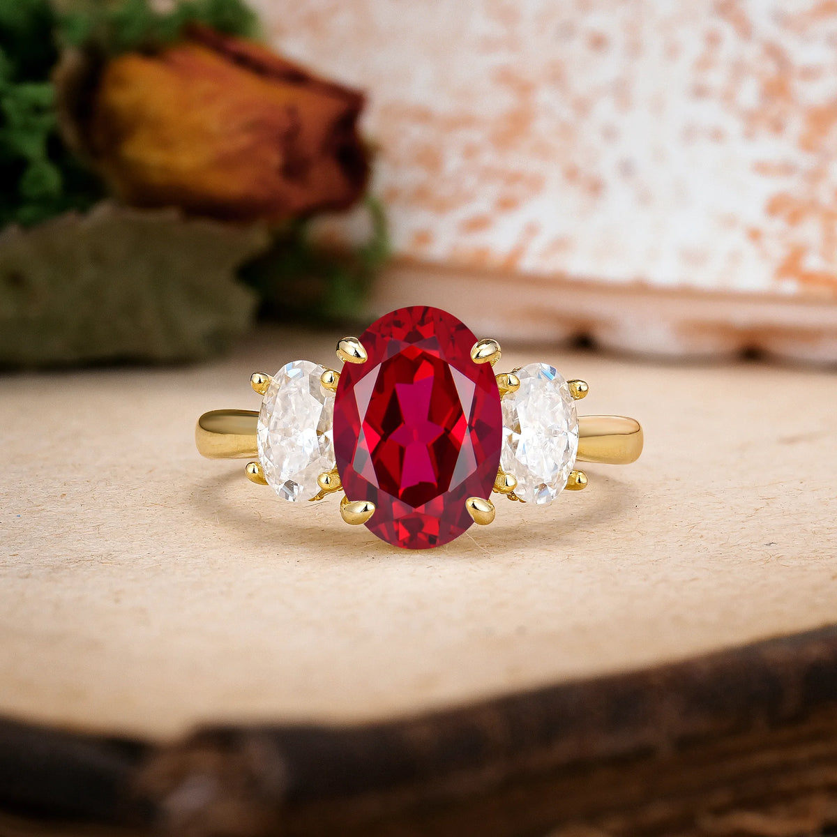 Oval Cut Ruby Three Stone Oval Center Solitaire Symmetric Side Ball Prong Smooth Shank Engagement Ring