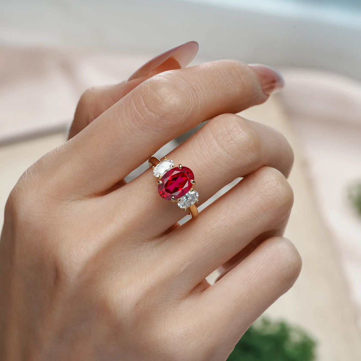 Oval Cut Ruby Three Stone Oval Center Solitaire Symmetric Side Ball Prong Smooth Shank Engagement Ring