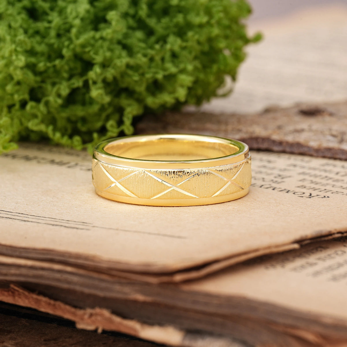 Polished Bezel Cross Diamond Etched Brushed Texture Wedding Ring