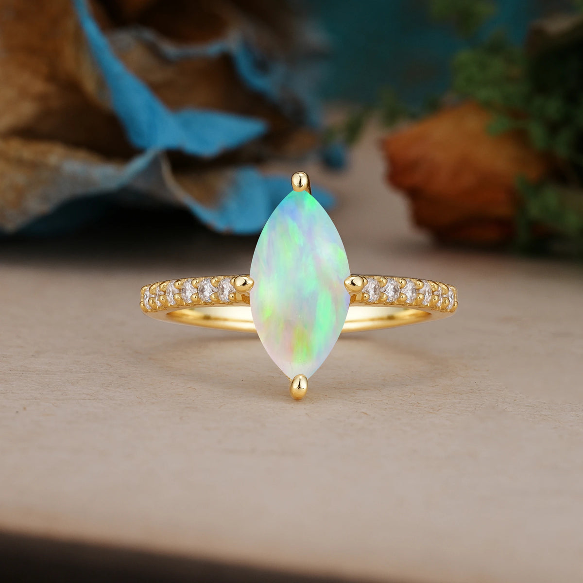 Marquise Cut Fire Opal Solitaire Engagement Ring with Pavé Band