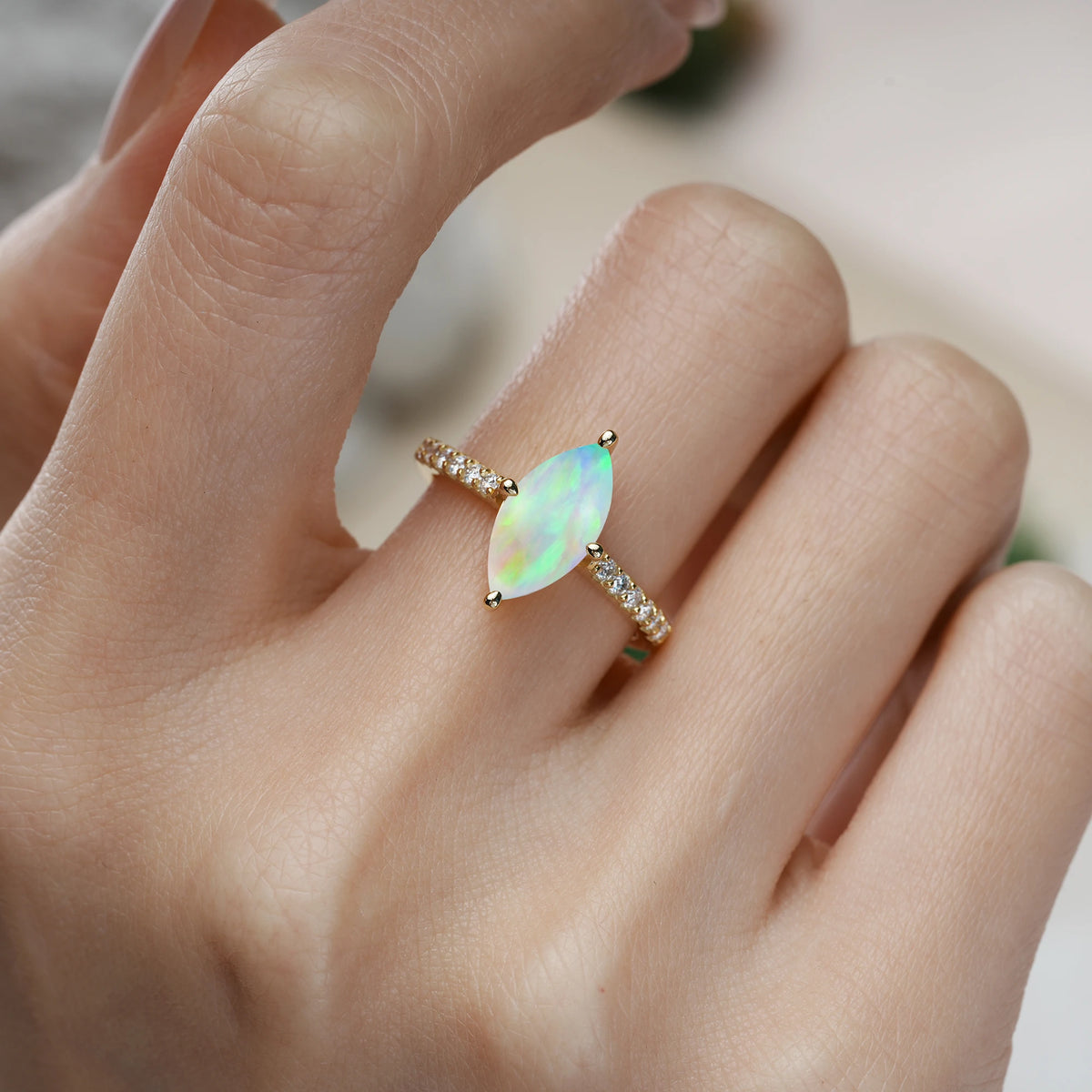 Marquise Cut Fire Opal Solitaire Engagement Ring with Pavé Band