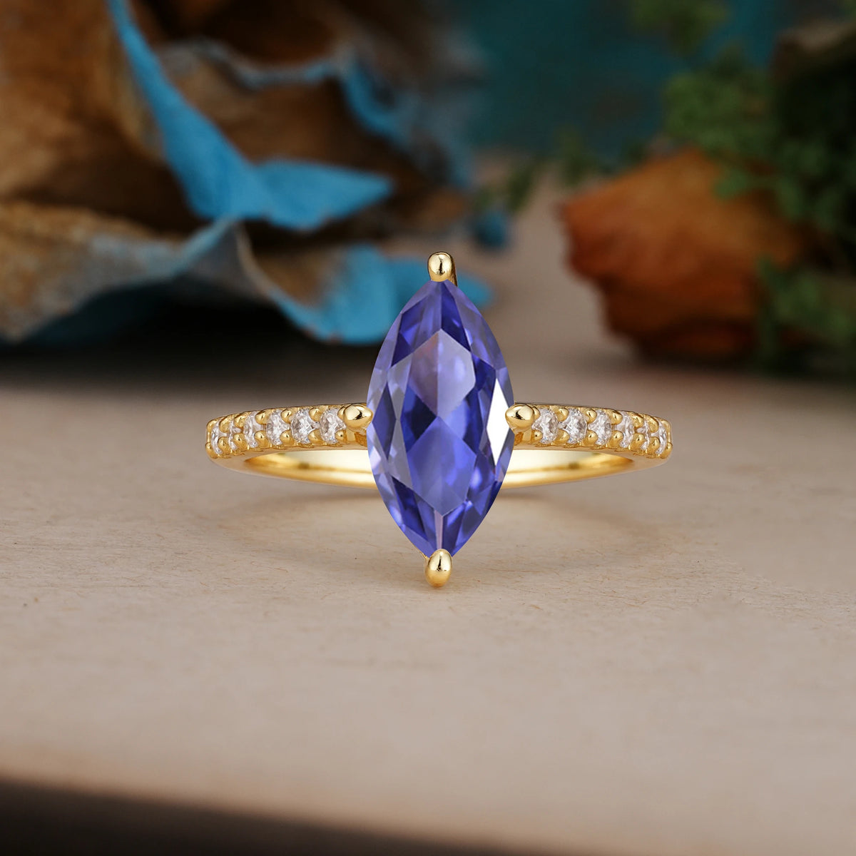 Marquise Cut Tanzanite Solitaire Engagement Ring with Pavé Band
