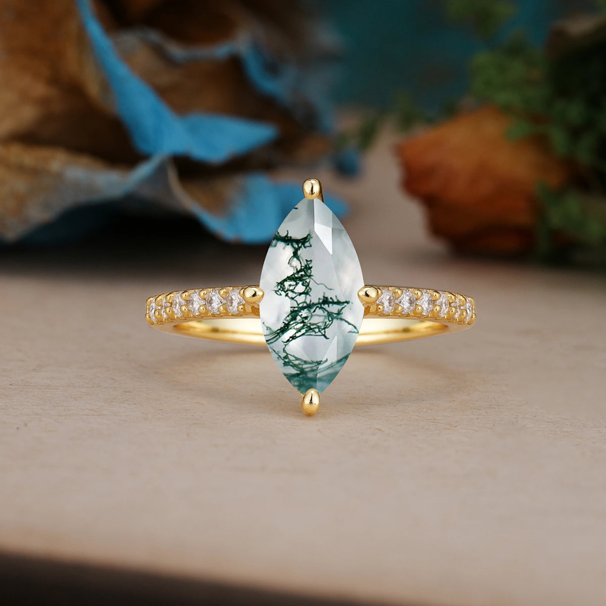 Marquise Cut Moss Agate Solitaire Engagement Ring with Pavé Band