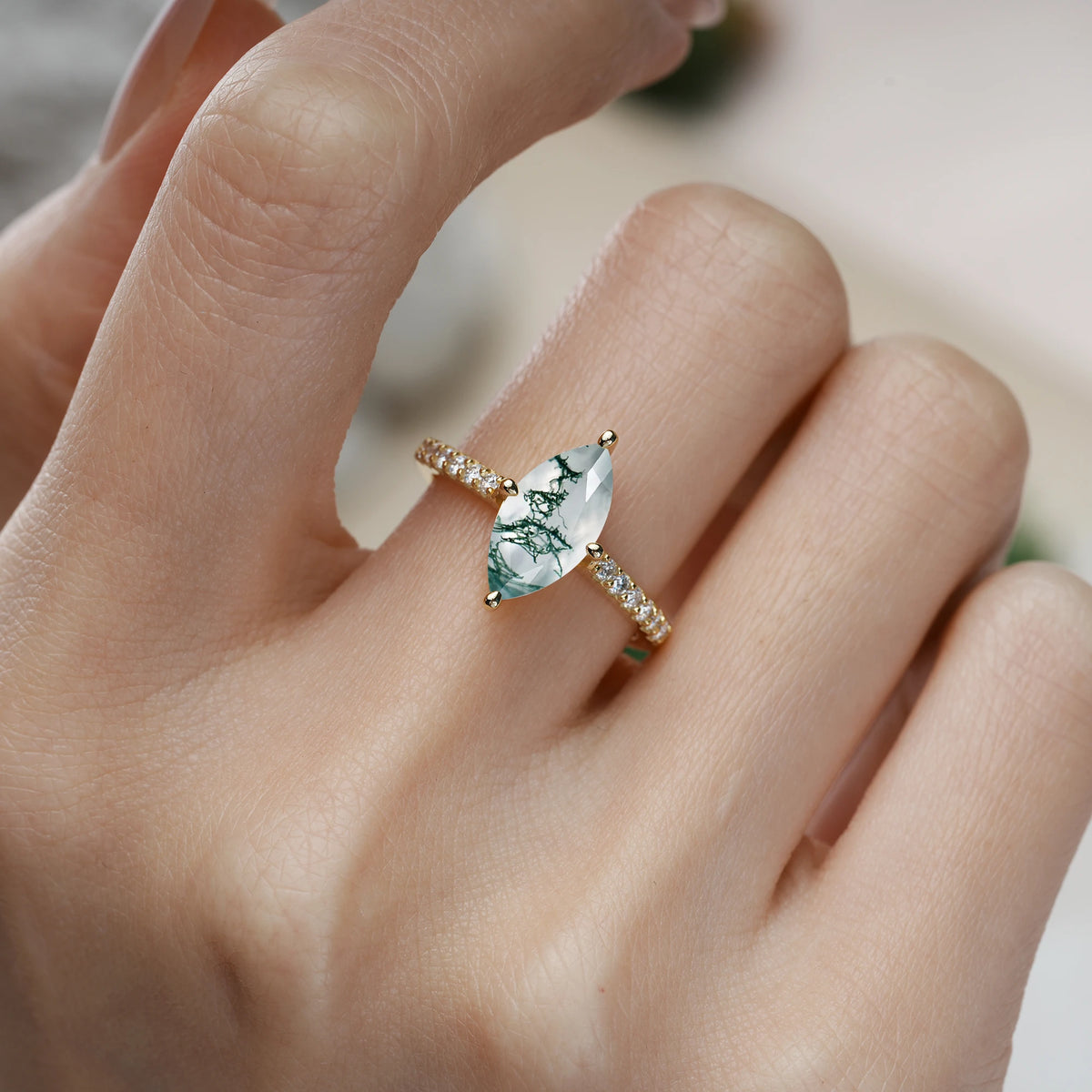 Marquise Cut Moss Agate Solitaire Engagement Ring with Pavé Band